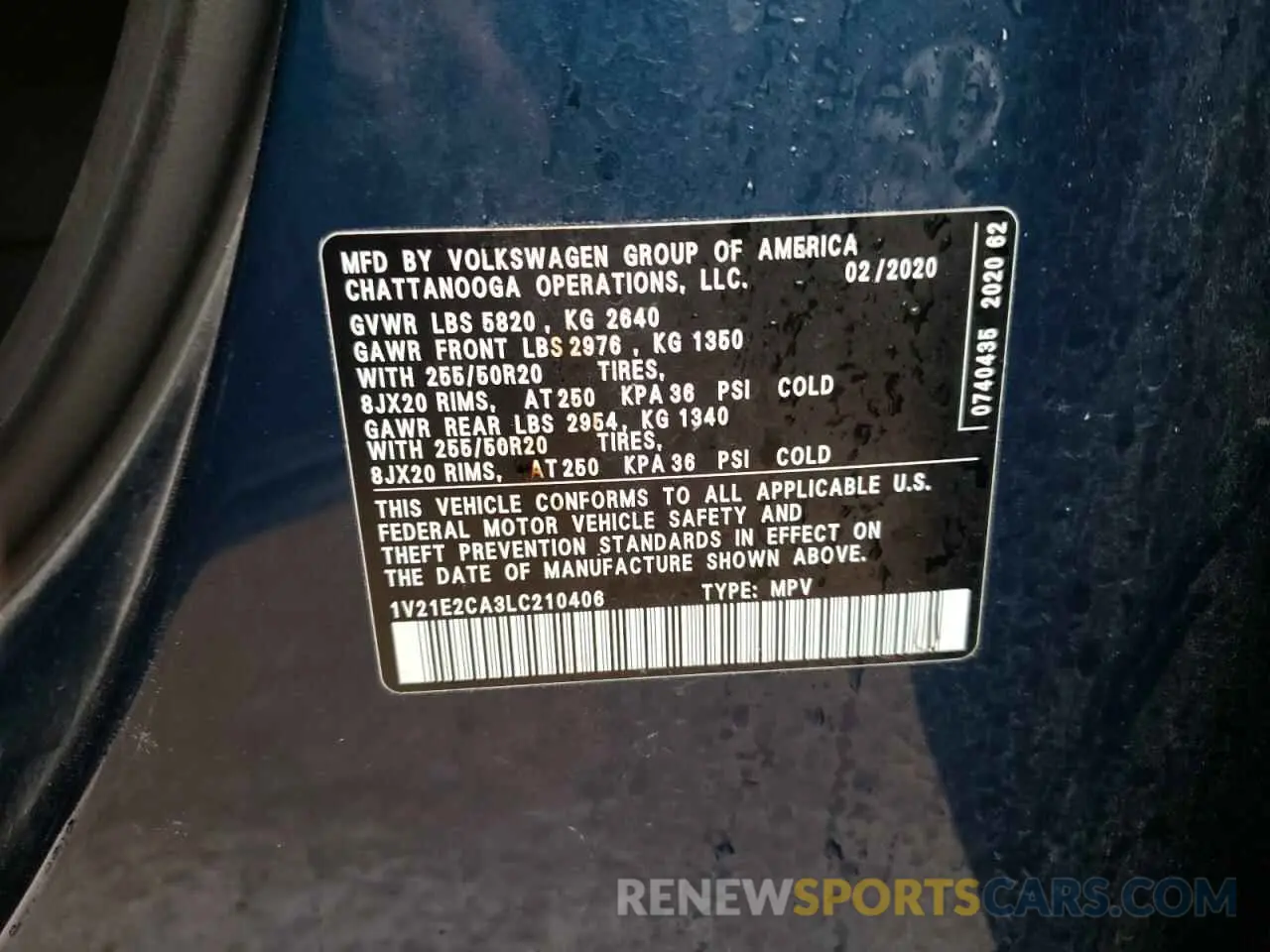 12 fotografías del automóvil dañado 1V21E2CA3LC210406 VOLKSWAGEN ATLAS 2020