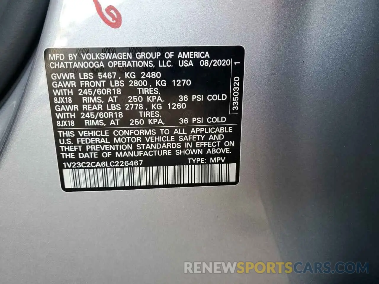 14 fotografías del automóvil dañado 1V23C2CA6LC226467 VOLKSWAGEN ATLAS 2020