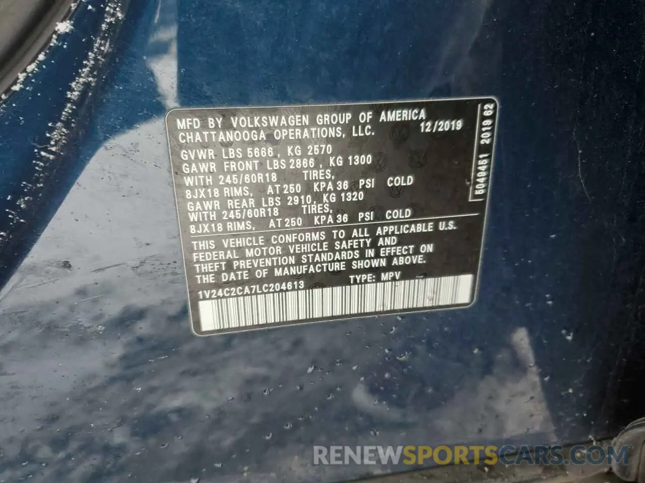 12 fotografías del automóvil dañado 1V24C2CA7LC204613 VOLKSWAGEN ATLAS 2020