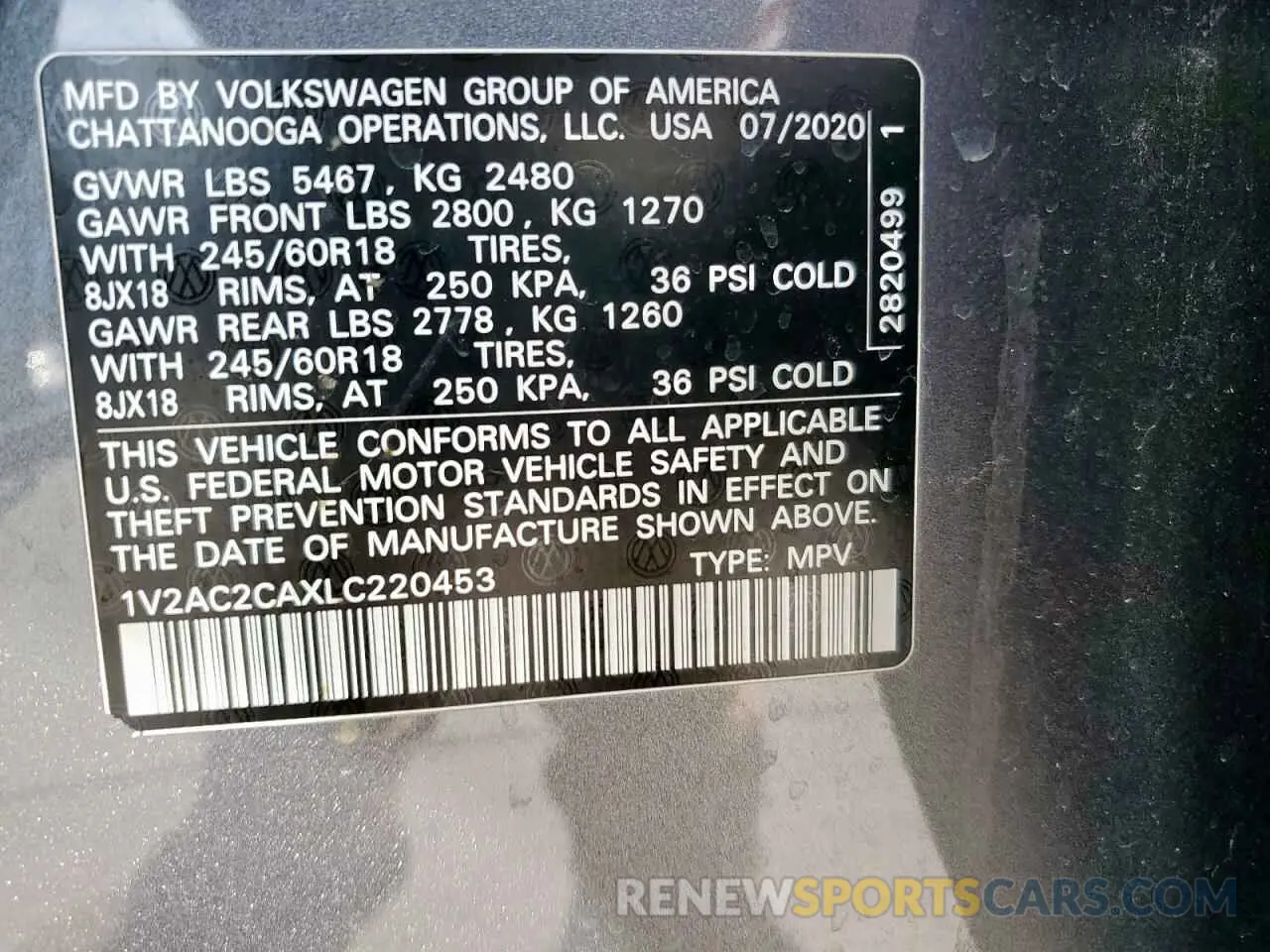 14 fotografías del automóvil dañado 1V2AC2CAXLC220453 VOLKSWAGEN ATLAS 2020