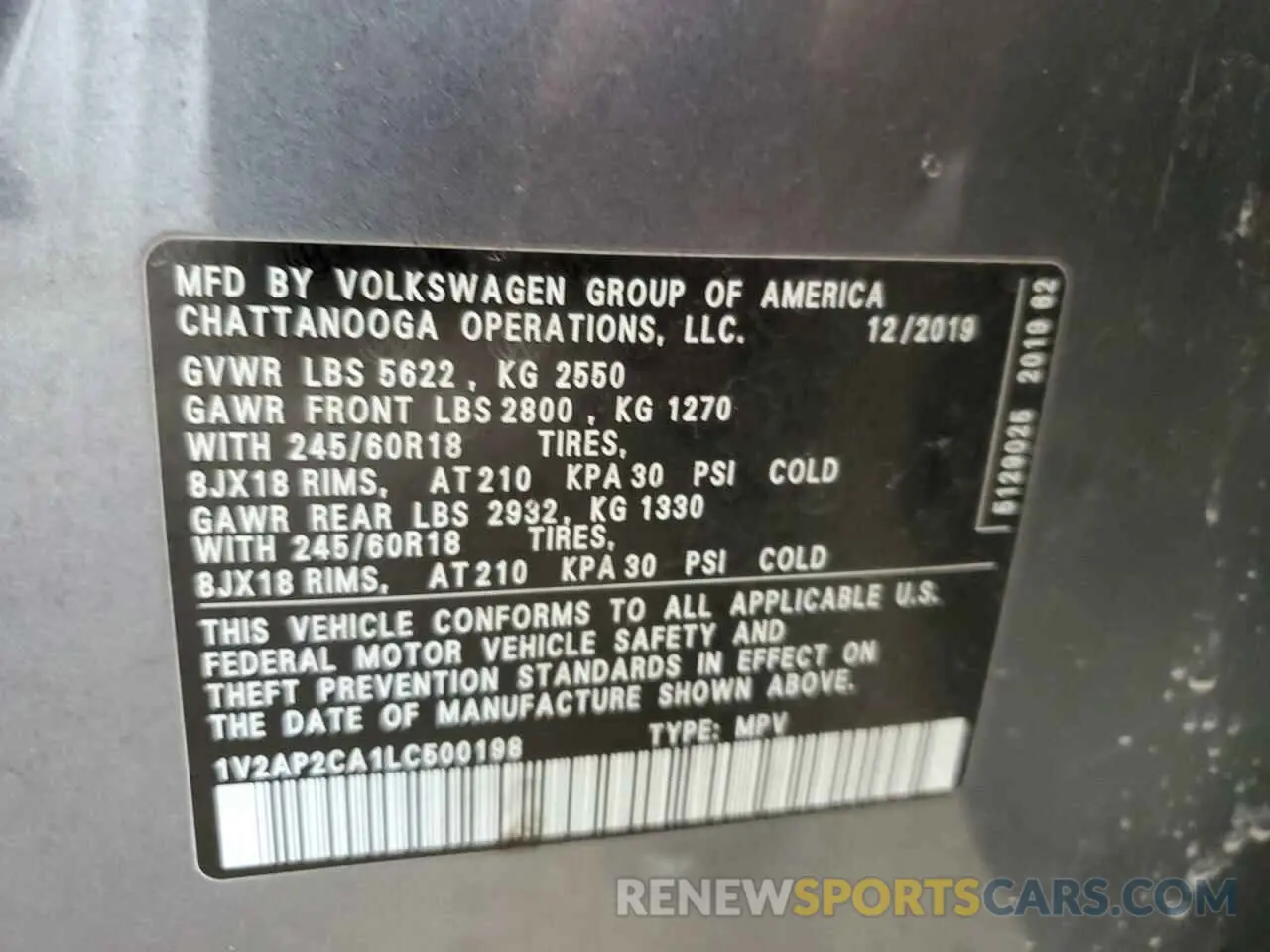 12 fotografías del automóvil dañado 1V2AP2CA1LC500198 VOLKSWAGEN ATLAS 2020