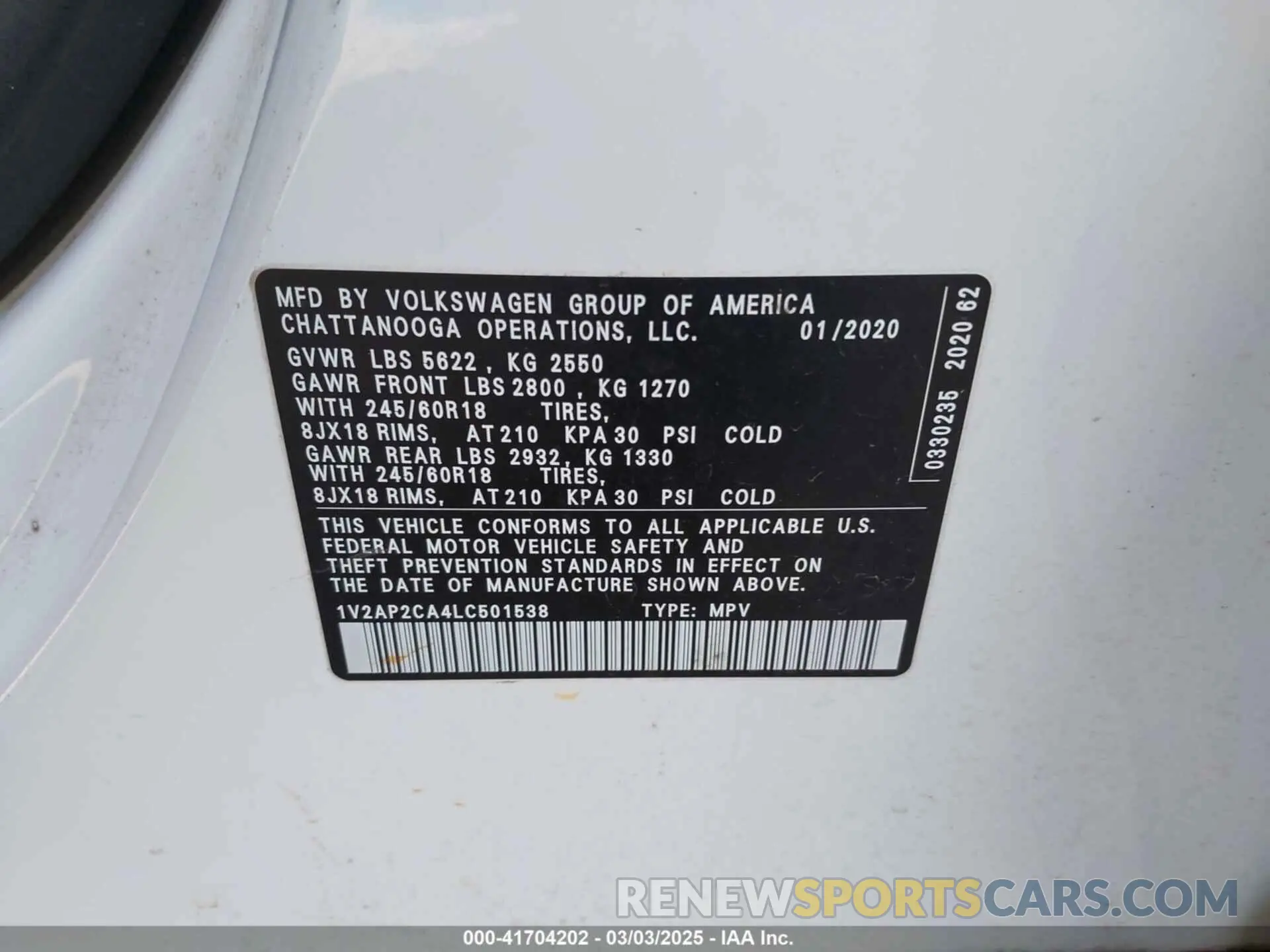 9 fotografías del automóvil dañado 1V2AP2CA4LC501538 VOLKSWAGEN ATLAS 2020