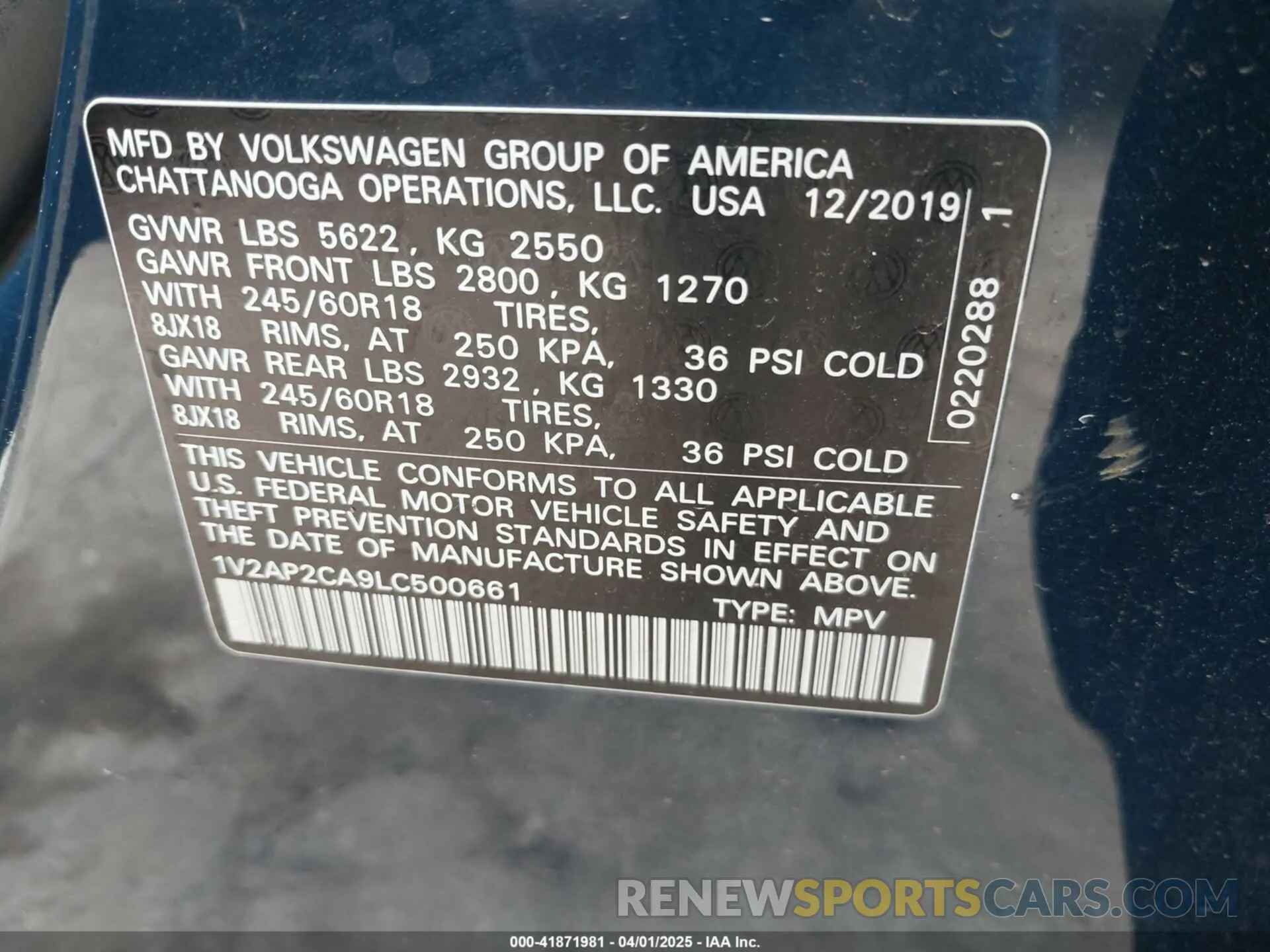 9 fotografías del automóvil dañado 1V2AP2CA9LC500661 VOLKSWAGEN ATLAS 2020