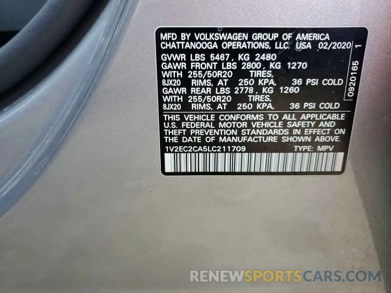 13 fotografías del automóvil dañado 1V2EC2CA5LC211709 VOLKSWAGEN ATLAS 2020