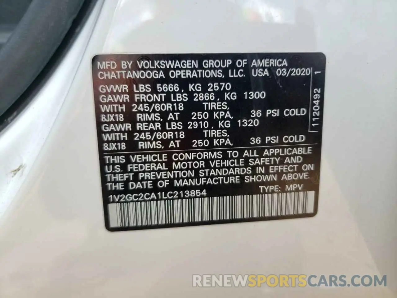 14 fotografías del automóvil dañado 1V2GC2CA1LC213854 VOLKSWAGEN ATLAS 2020