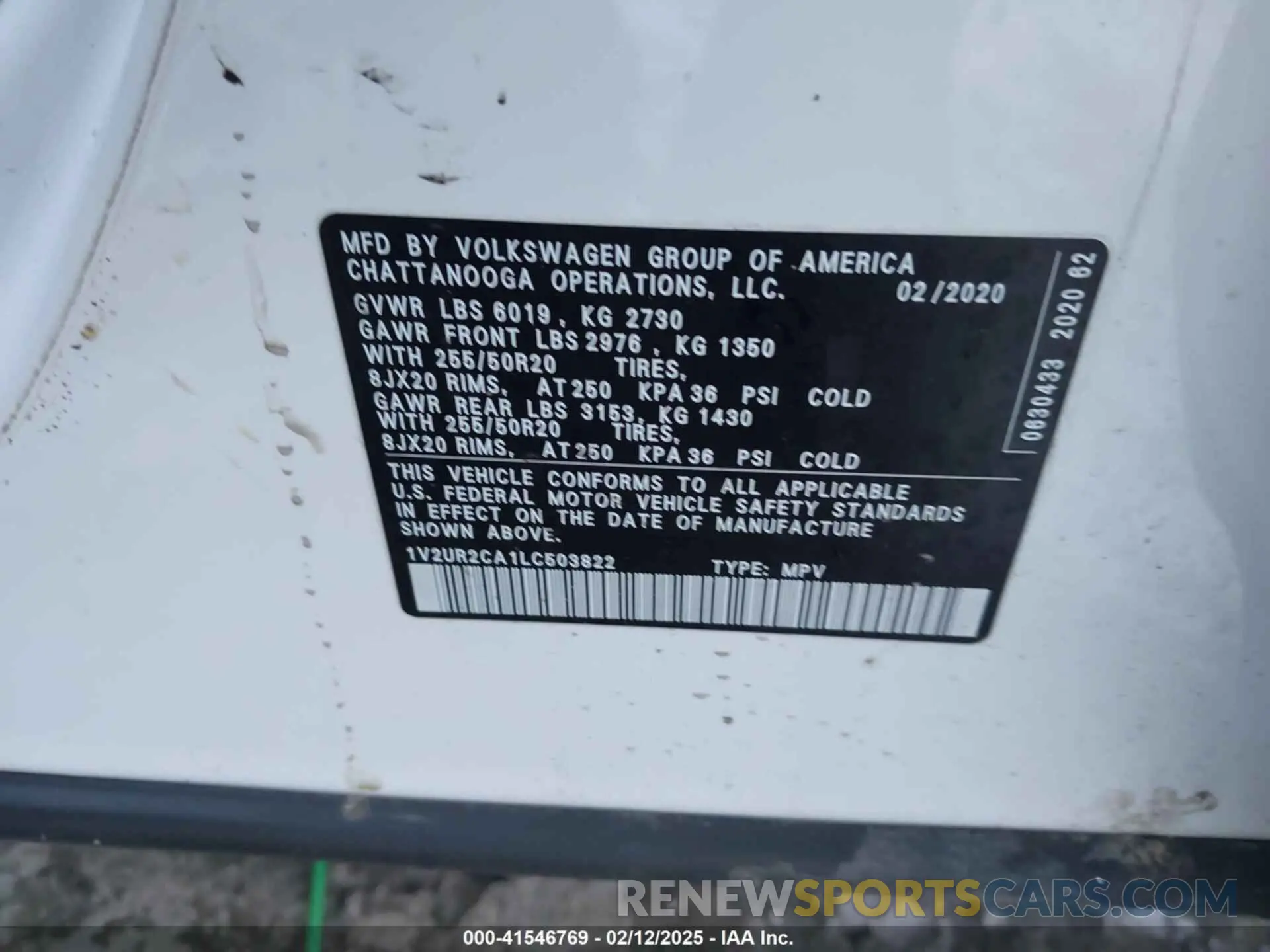 9 fotografías del automóvil dañado 1V2UR2CA1LC503822 VOLKSWAGEN ATLAS 2020