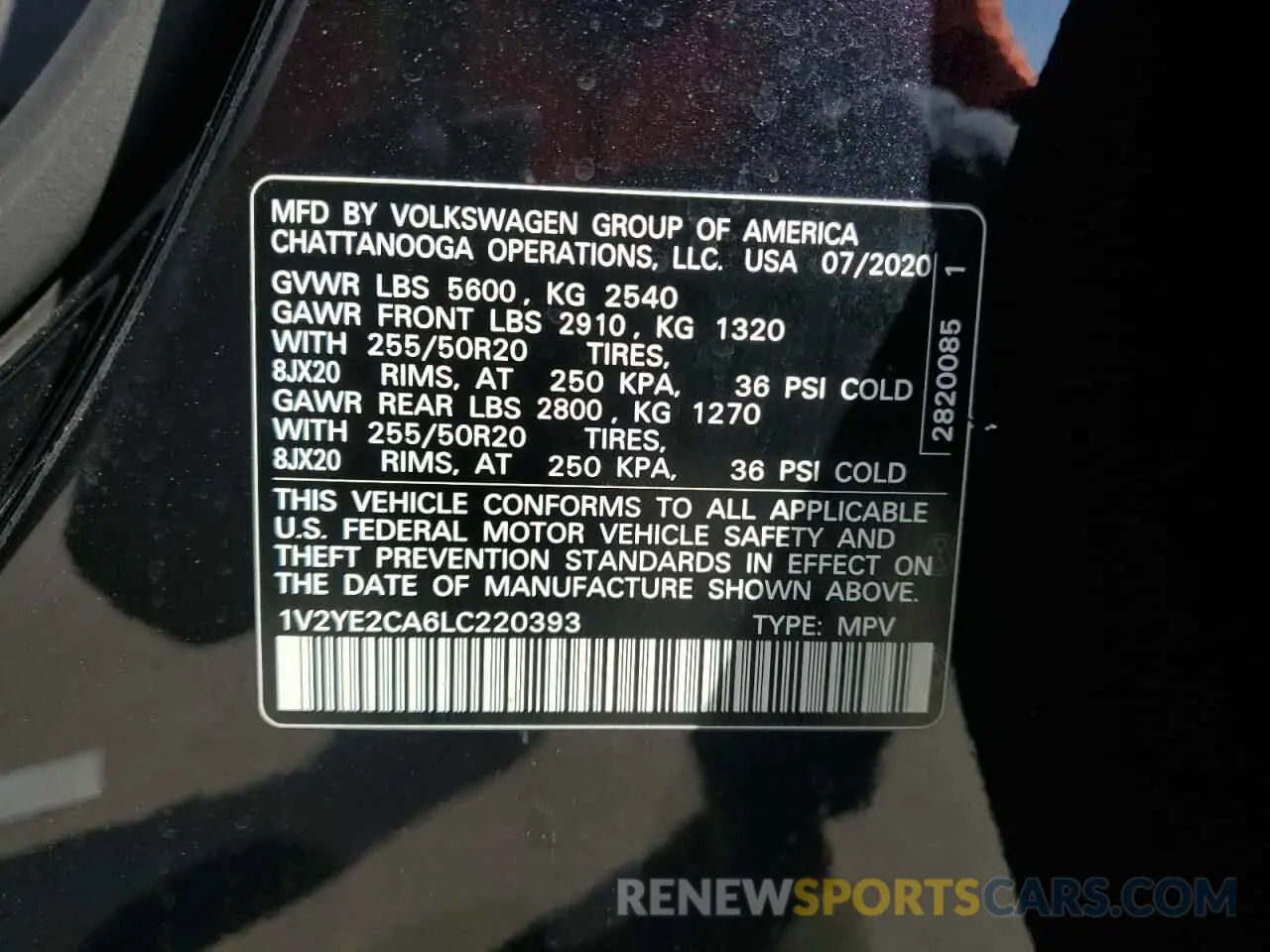 12 fotografías del automóvil dañado 1V2YE2CA6LC220393 VOLKSWAGEN ATLAS 2020