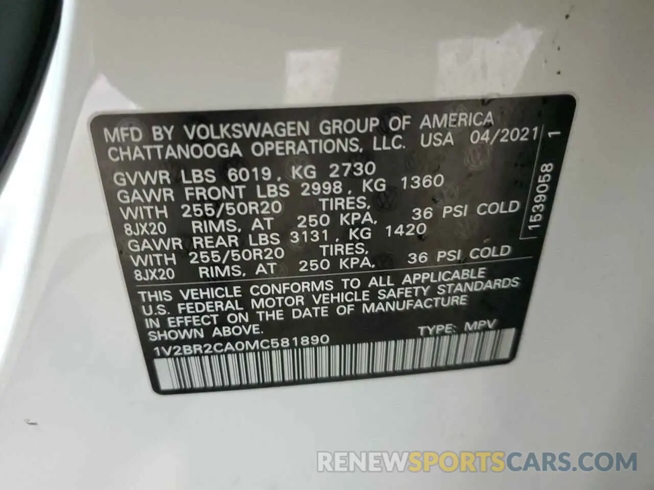 13 fotografías del automóvil dañado 1V2BR2CA0MC581890 VOLKSWAGEN ATLAS 2021