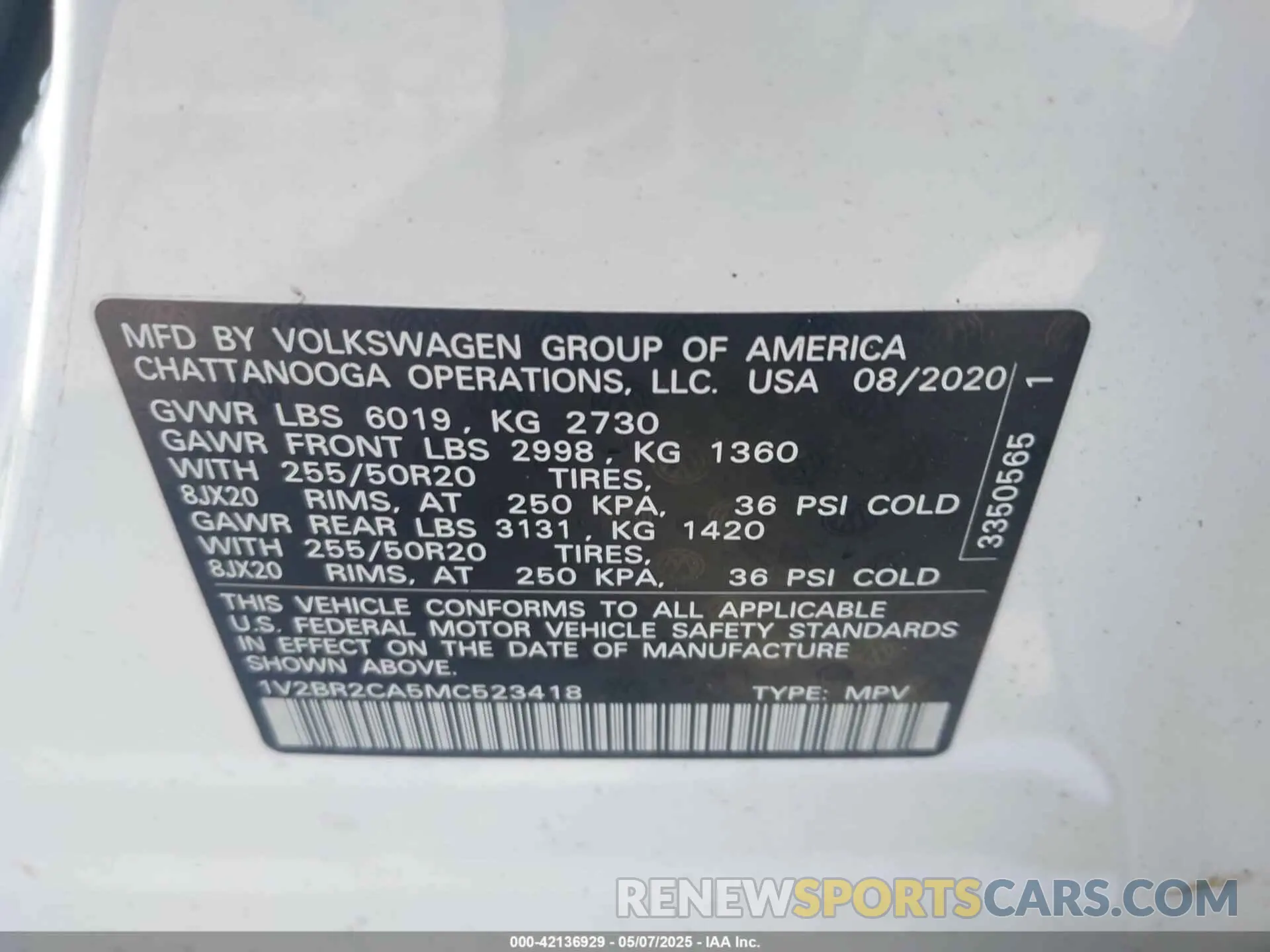 9 fotografías del automóvil dañado 1V2BR2CA5MC523418 VOLKSWAGEN ATLAS 2021