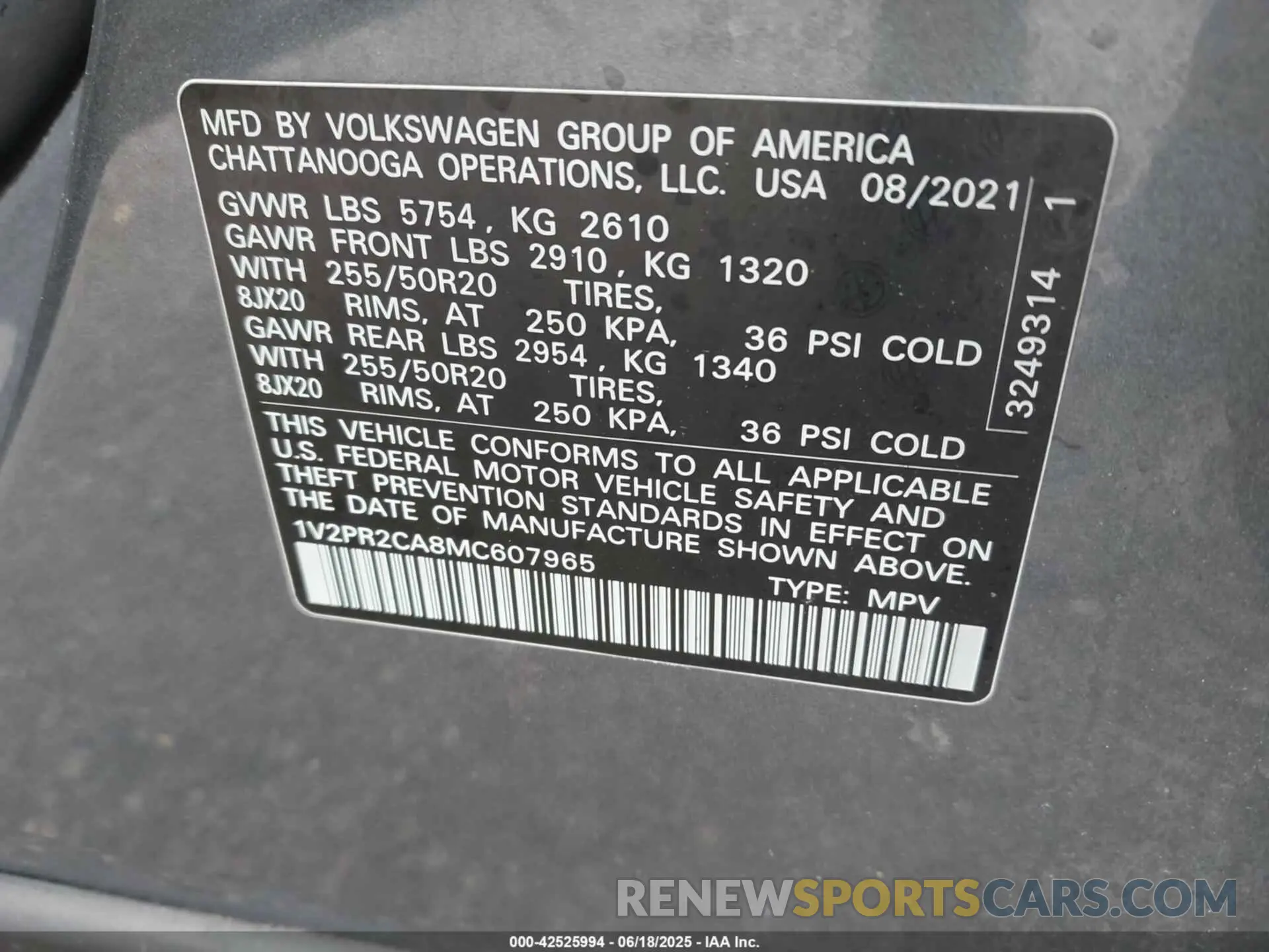 9 fotografías del automóvil dañado 1V2BR2CA5MC607965 VOLKSWAGEN ATLAS 2021