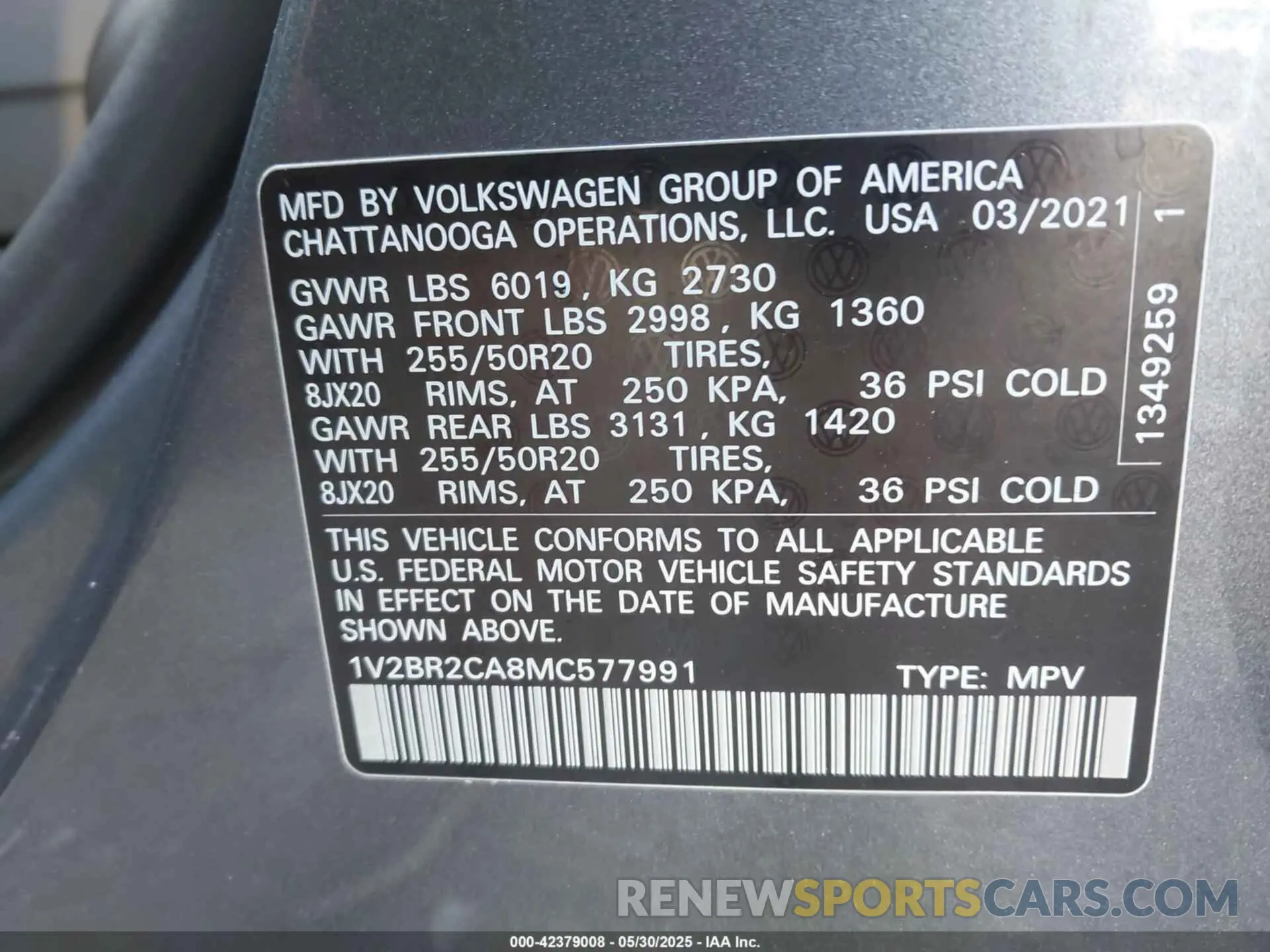 9 fotografías del automóvil dañado 1V2BR2CA8MC577991 VOLKSWAGEN ATLAS 2021