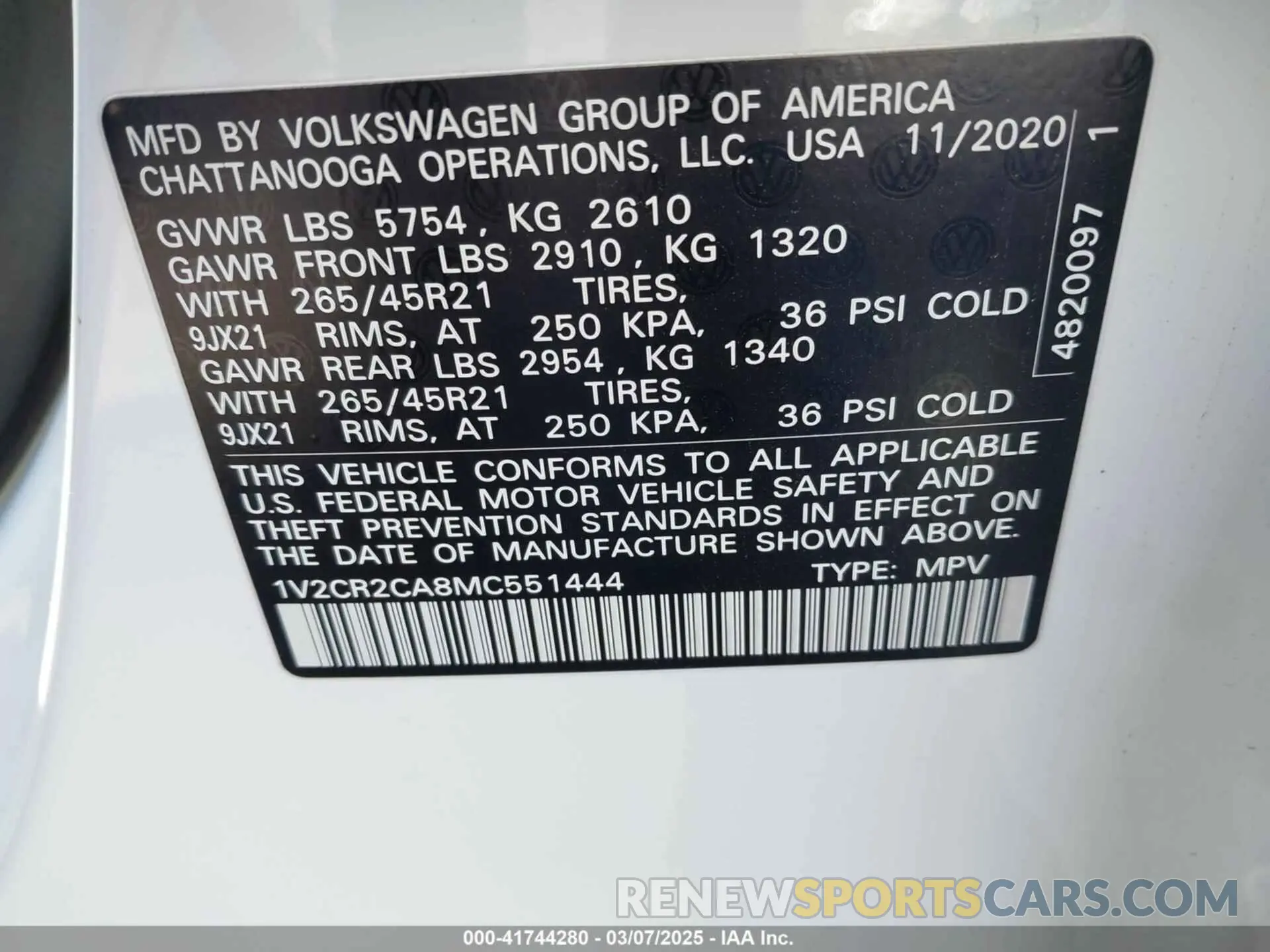 9 fotografías del automóvil dañado 1V2CR2CA8MC551444 VOLKSWAGEN ATLAS 2021