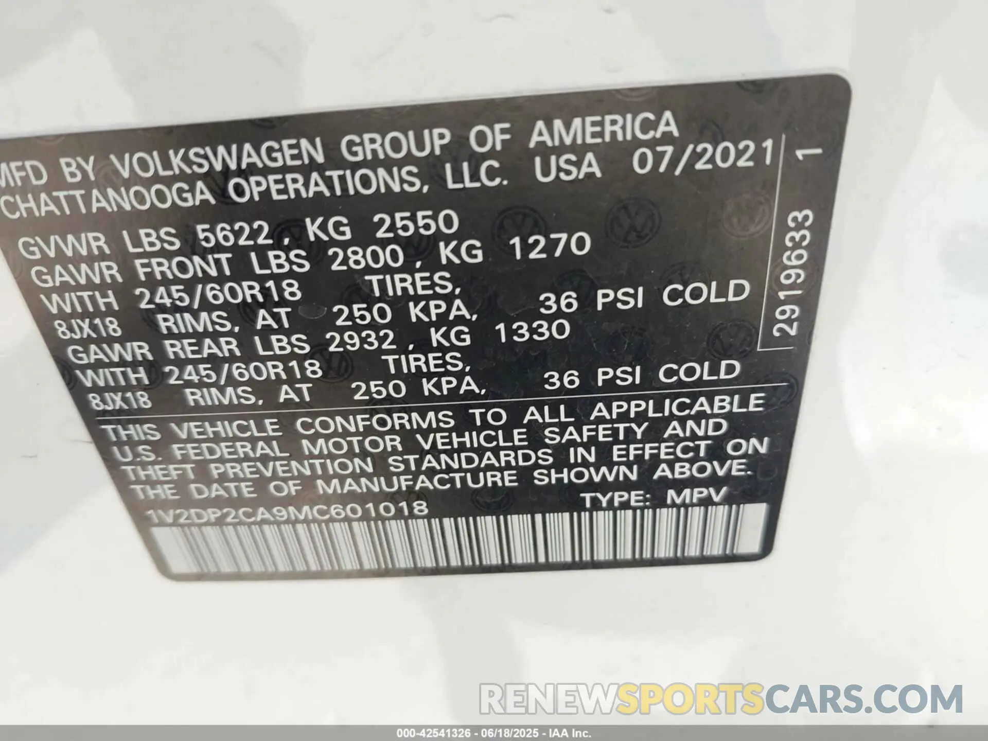 9 fotografías del automóvil dañado 1V2DP2CA9MC601018 VOLKSWAGEN ATLAS 2021