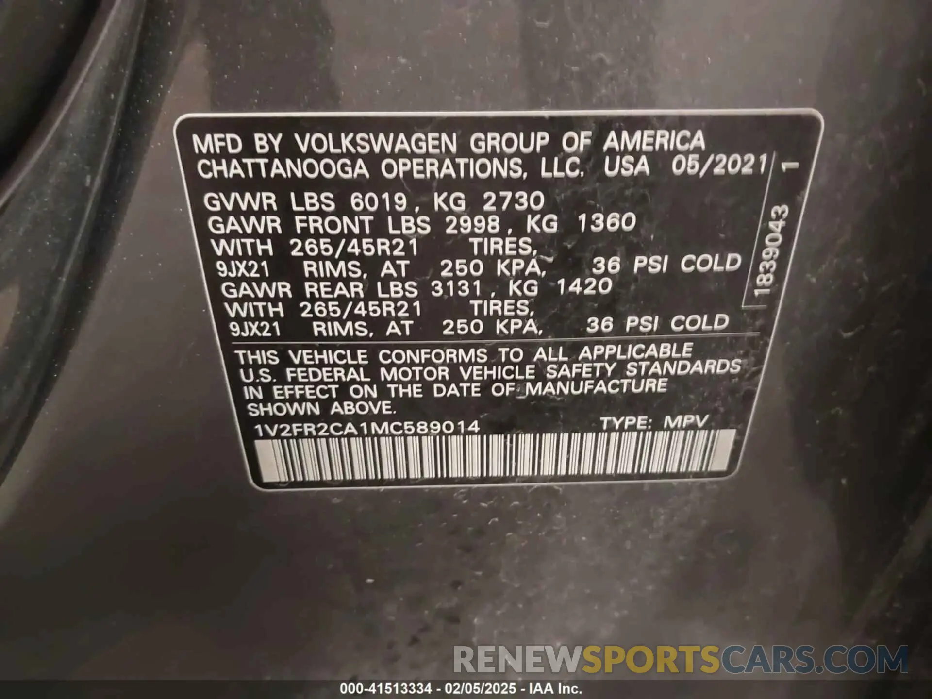 9 fotografías del automóvil dañado 1V2FR2CA1MC589014 VOLKSWAGEN ATLAS 2021