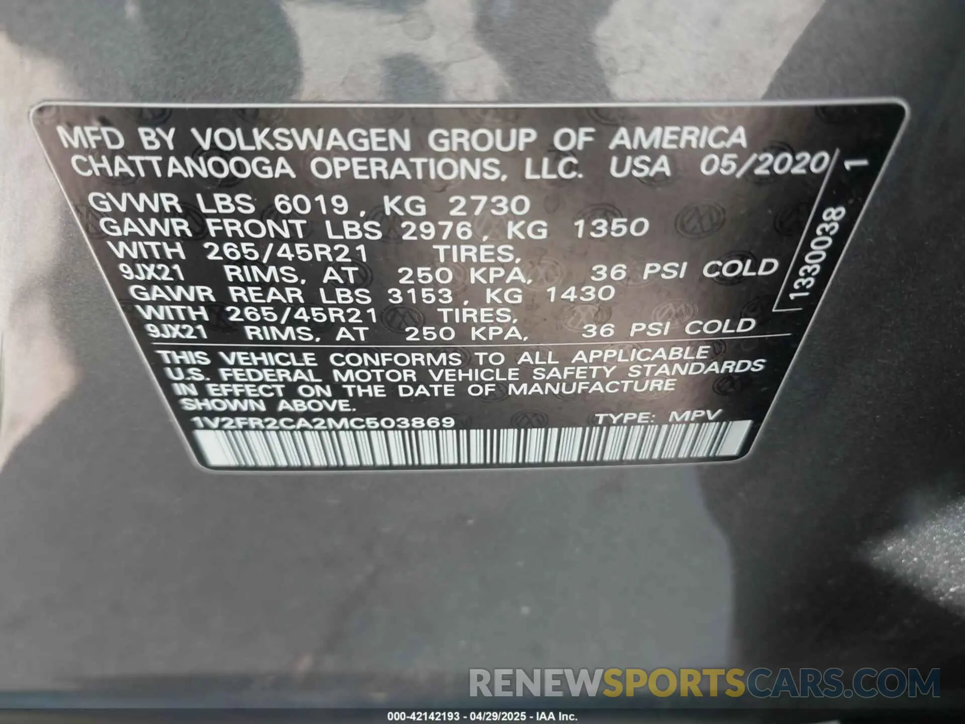 9 fotografías del automóvil dañado 1V2FR2CA2MC503869 VOLKSWAGEN ATLAS 2021