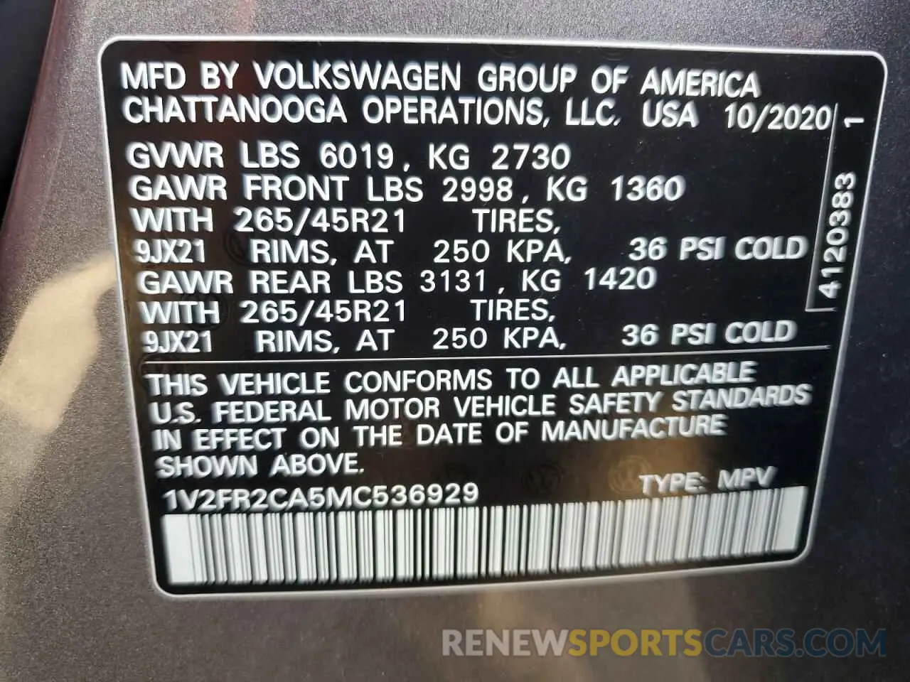 14 fotografías del automóvil dañado 1V2FR2CA5MC536929 VOLKSWAGEN ATLAS 2021