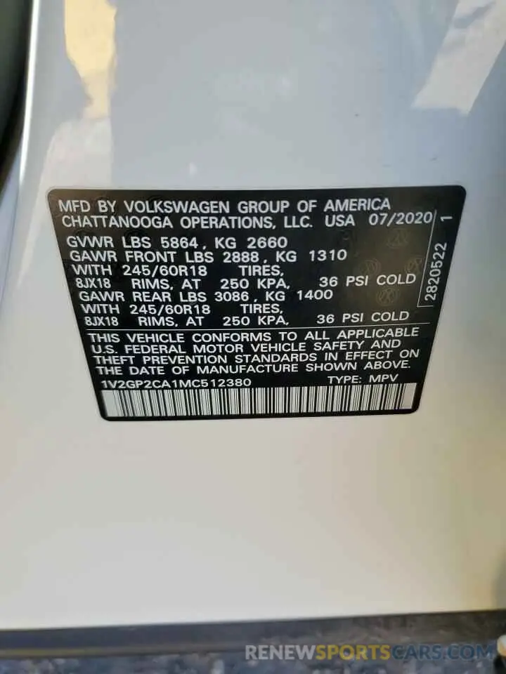 13 fotografías del automóvil dañado 1V2GP2CA1MC512380 VOLKSWAGEN ATLAS 2021