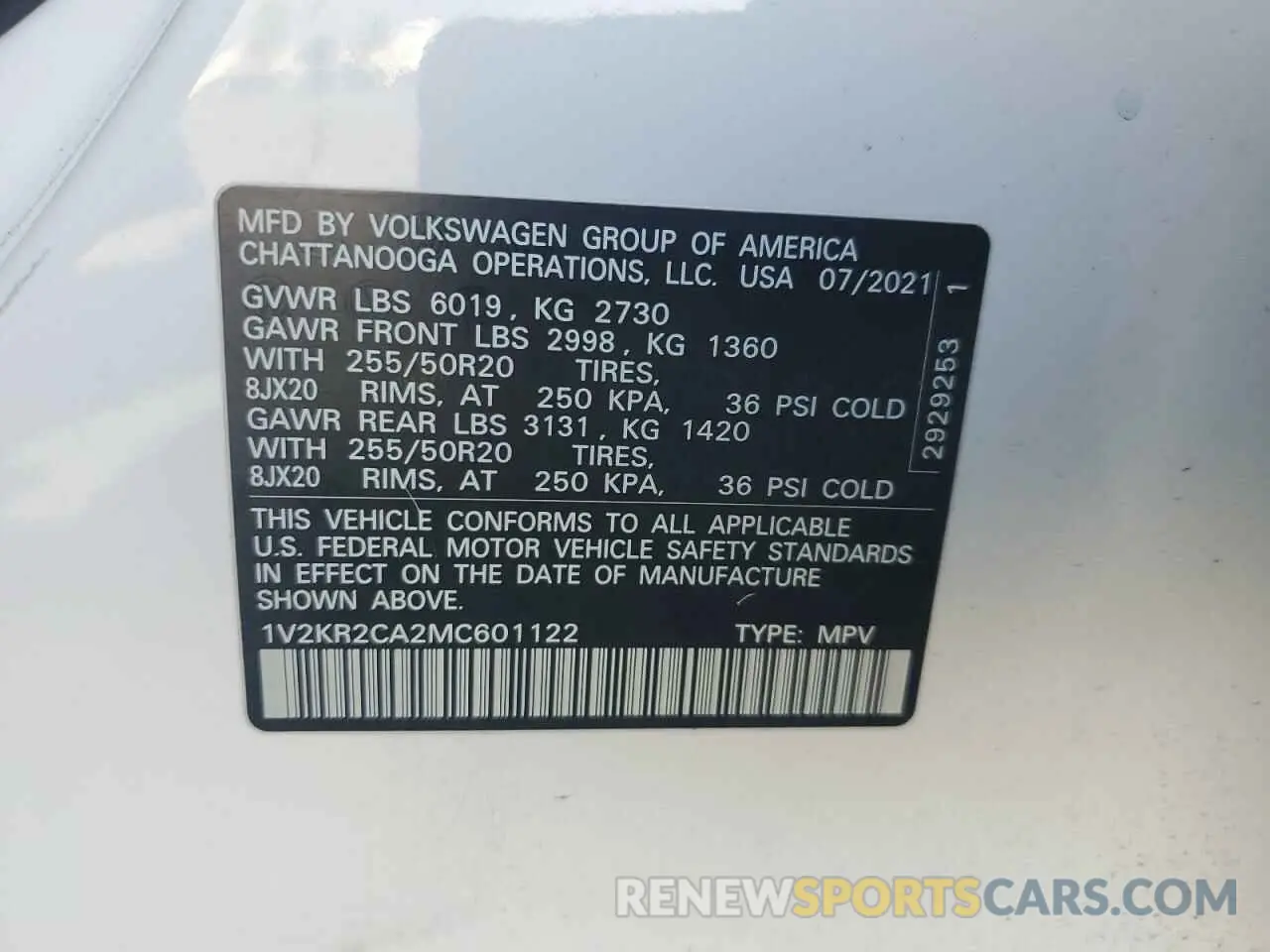 12 fotografías del automóvil dañado 1V2KR2CA2MC601122 VOLKSWAGEN ATLAS 2021