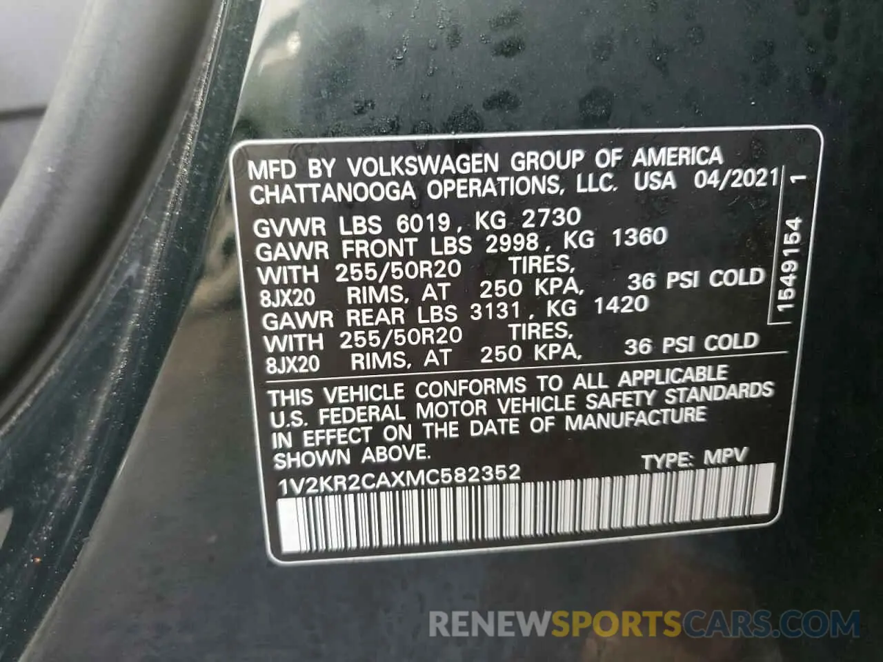 14 fotografías del automóvil dañado 1V2KR2CAXMC582352 VOLKSWAGEN ATLAS 2021