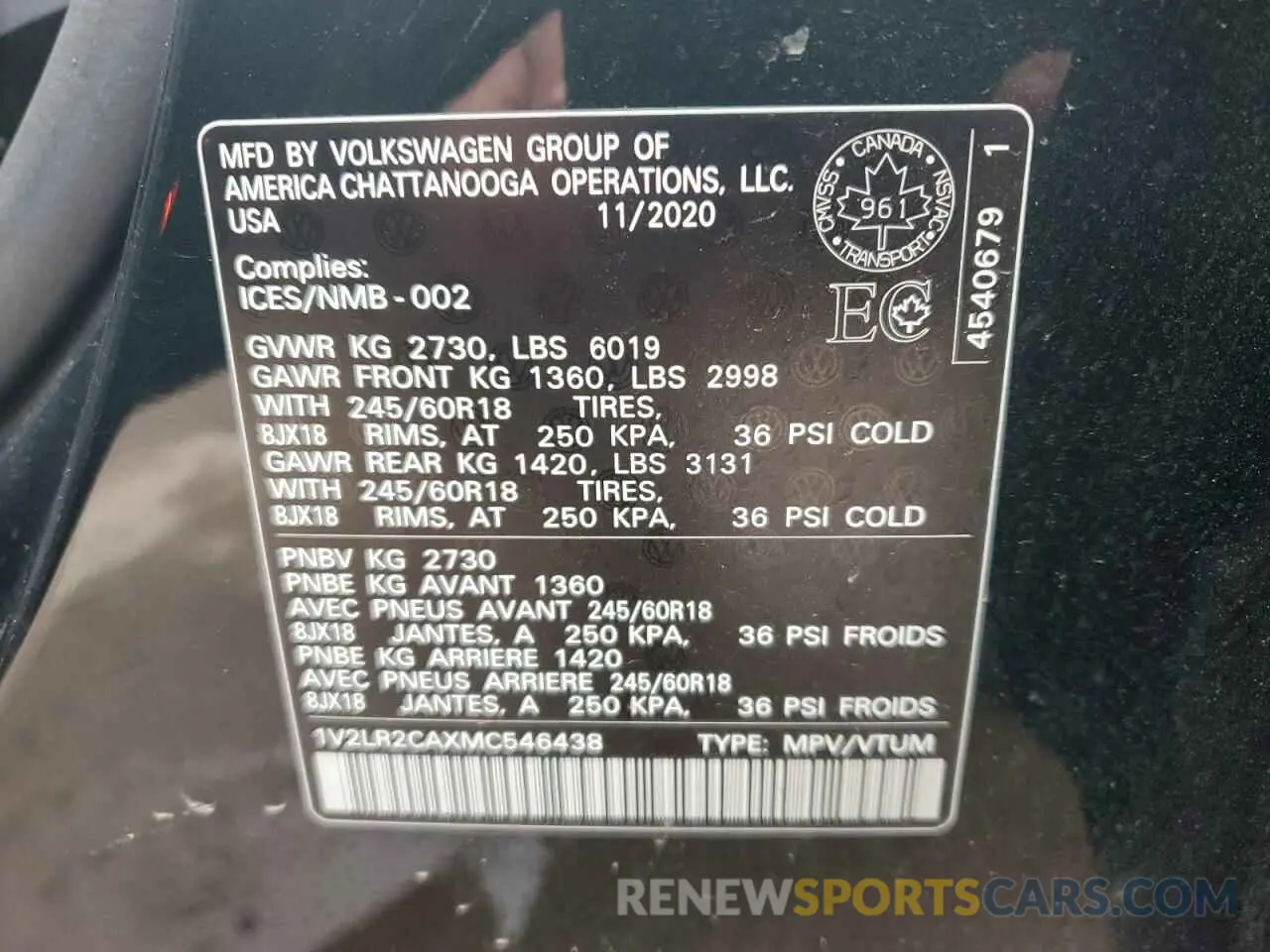 14 fotografías del automóvil dañado 1V2LR2CAXMC546438 VOLKSWAGEN ATLAS 2021
