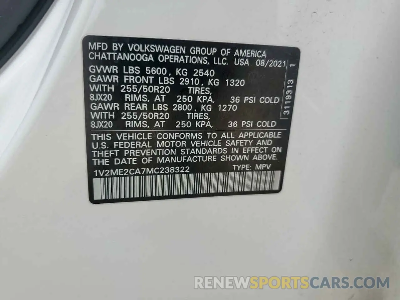 14 fotografías del automóvil dañado 1V2ME2CA7MC238322 VOLKSWAGEN ATLAS 2021