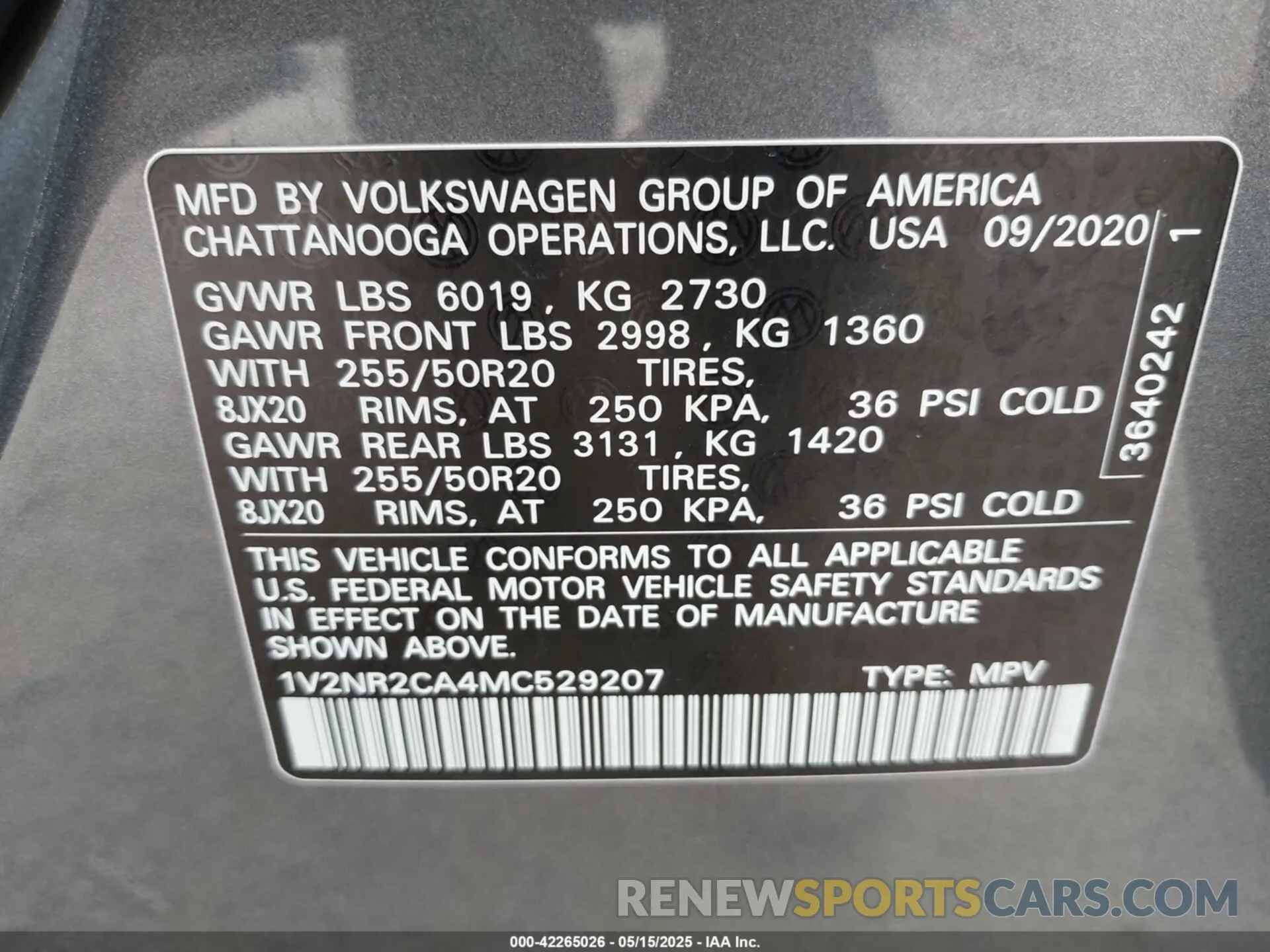 9 fotografías del automóvil dañado 1V2NR2CA4MC529207 VOLKSWAGEN ATLAS 2021