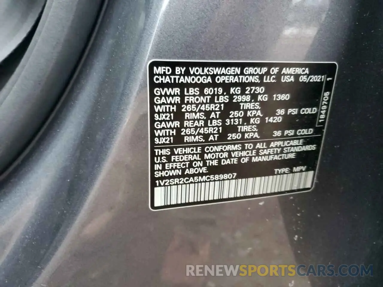 13 fotografías del automóvil dañado 1V2SR2CA5MC589807 VOLKSWAGEN ATLAS 2021