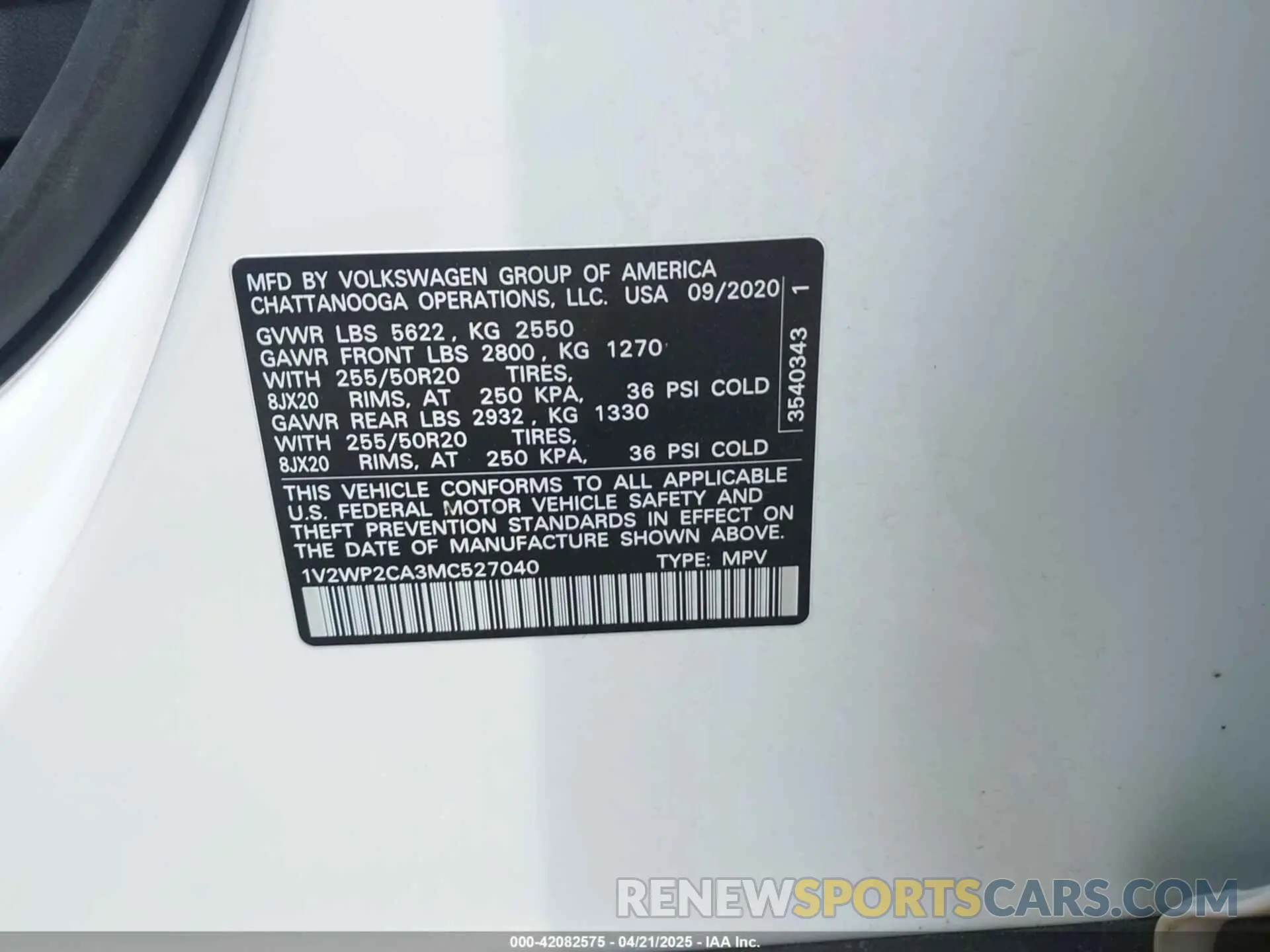 9 fotografías del automóvil dañado 1V2WP2CA3MC527040 VOLKSWAGEN ATLAS 2021