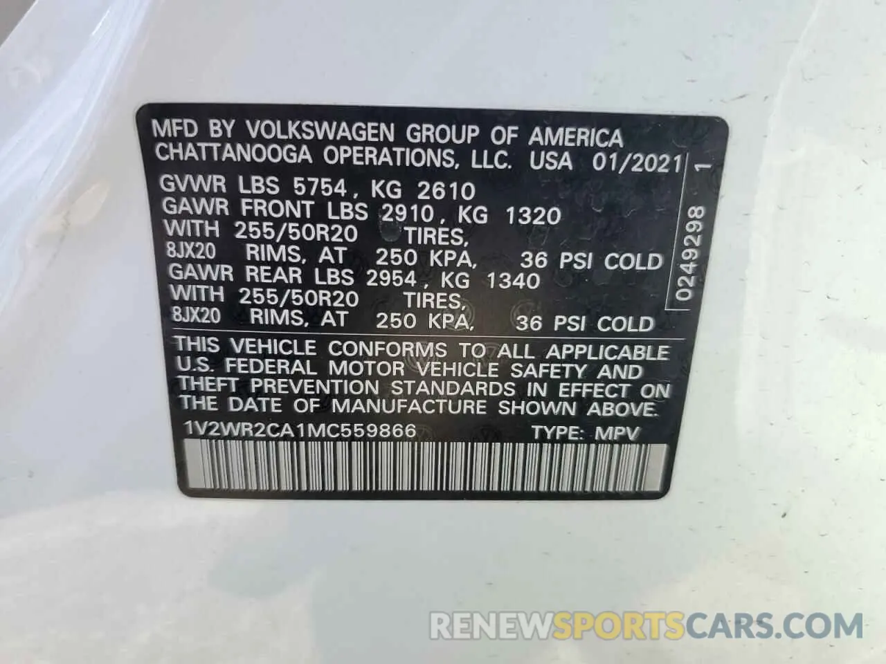 13 fotografías del automóvil dañado 1V2WR2CA1MC559866 VOLKSWAGEN ATLAS 2021