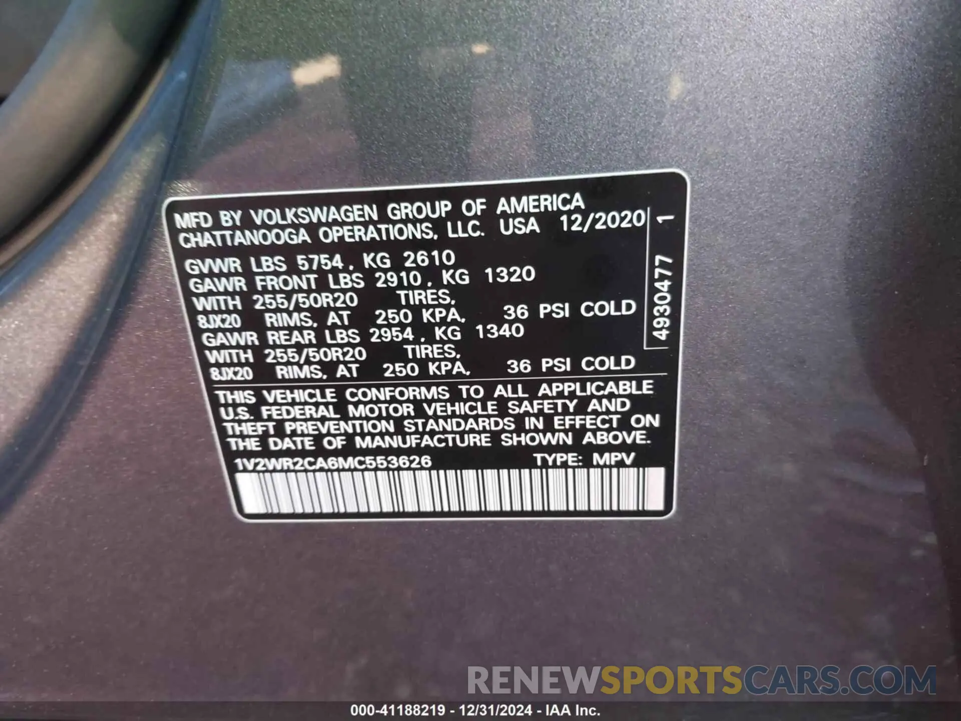 9 fotografías del automóvil dañado 1V2WR2CA6MC553626 VOLKSWAGEN ATLAS 2021
