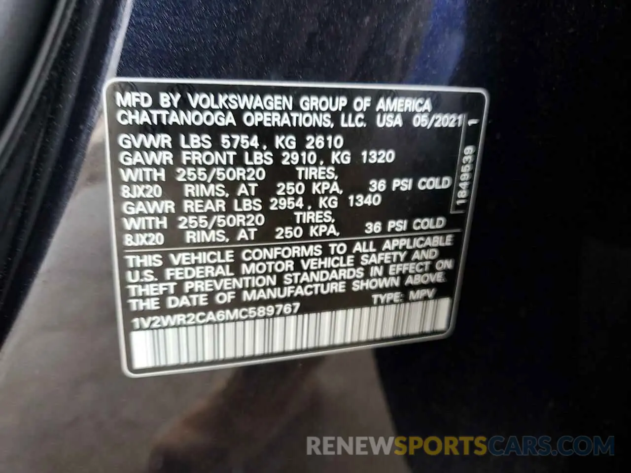 12 fotografías del automóvil dañado 1V2WR2CA6MC589767 VOLKSWAGEN ATLAS 2021
