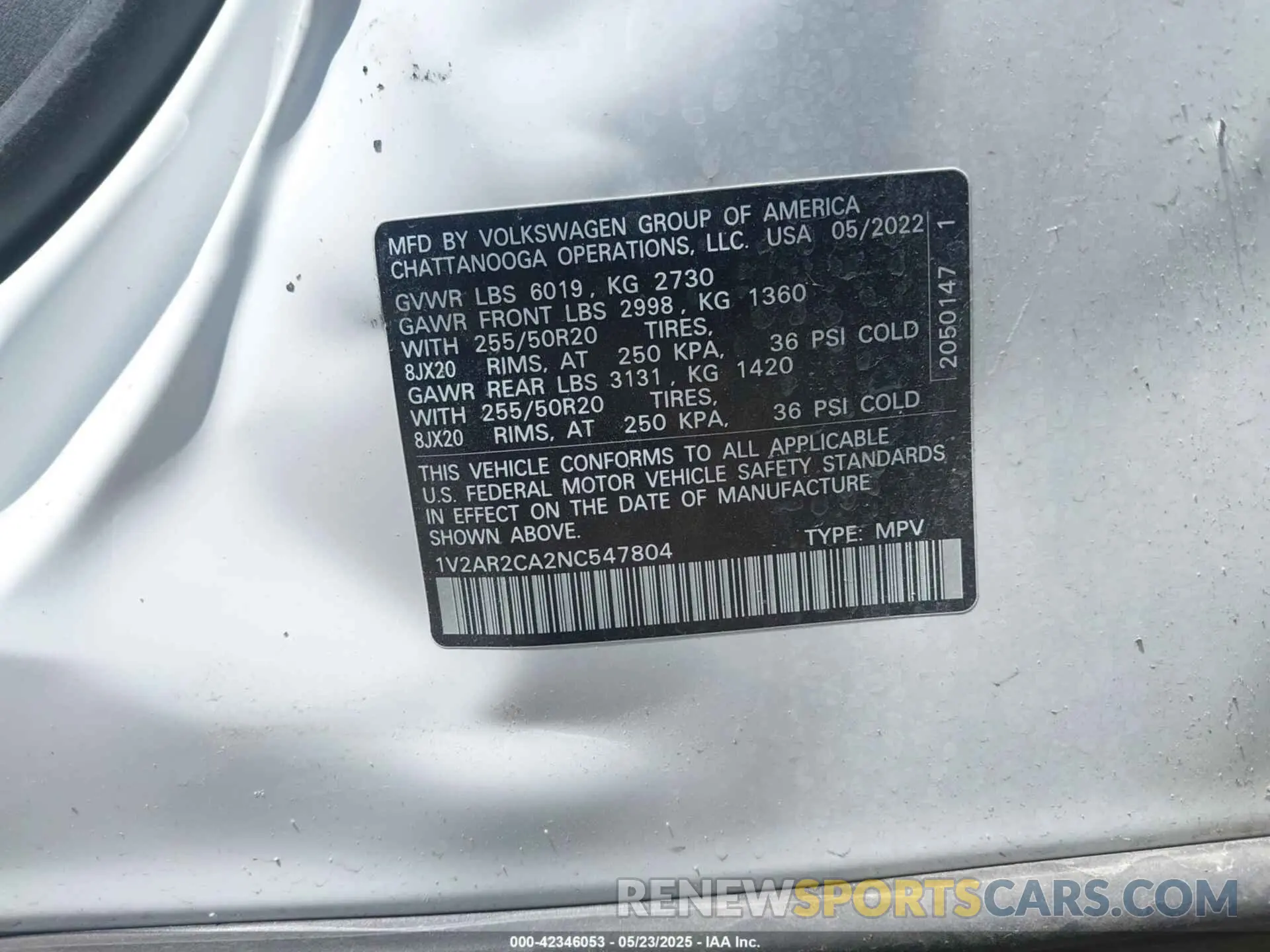 9 fotografías del automóvil dañado 1V2AR2CA2NC547804 VOLKSWAGEN ATLAS 2022
