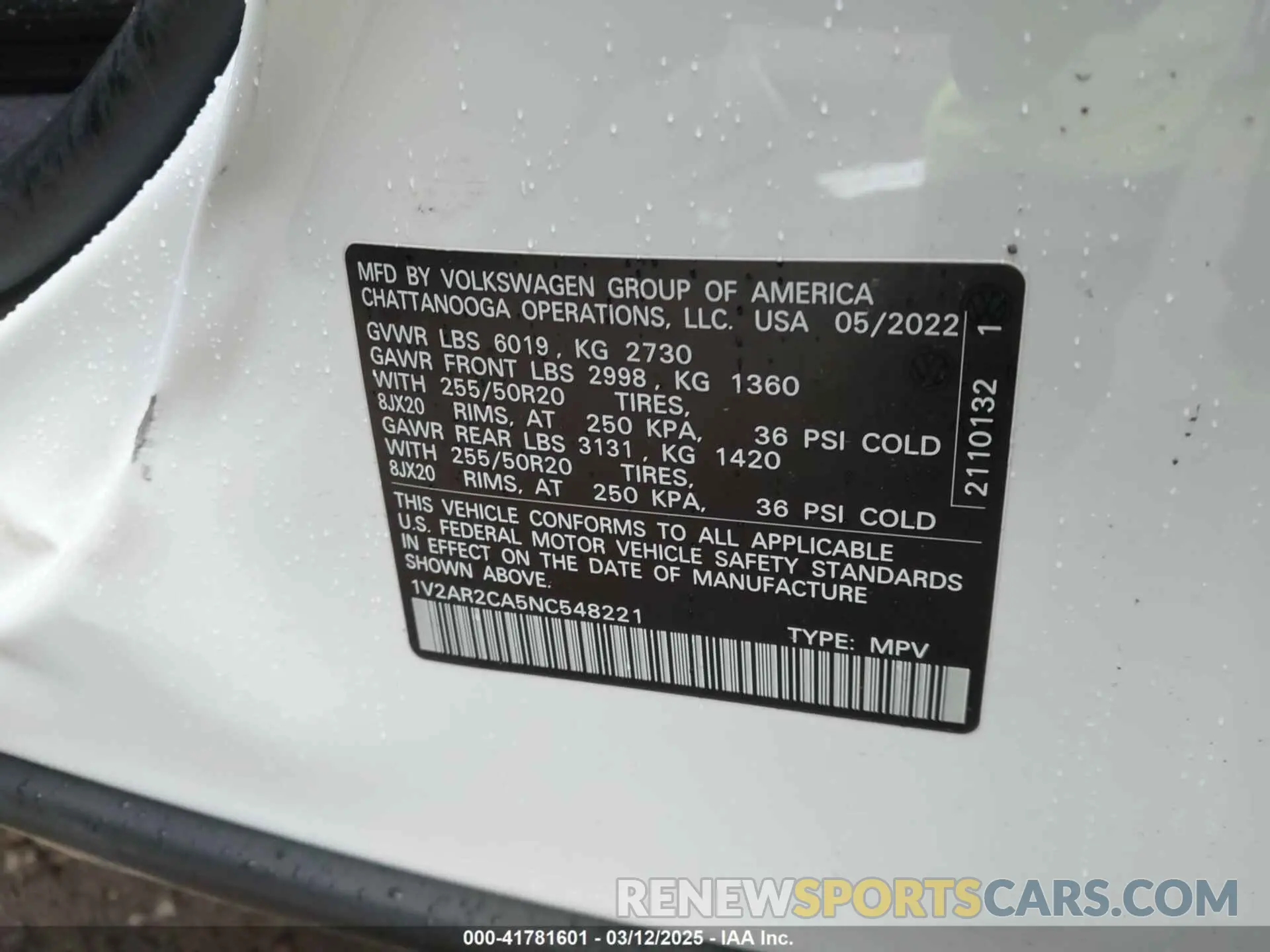 9 fotografías del automóvil dañado 1V2AR2CA5NC548221 VOLKSWAGEN ATLAS 2022