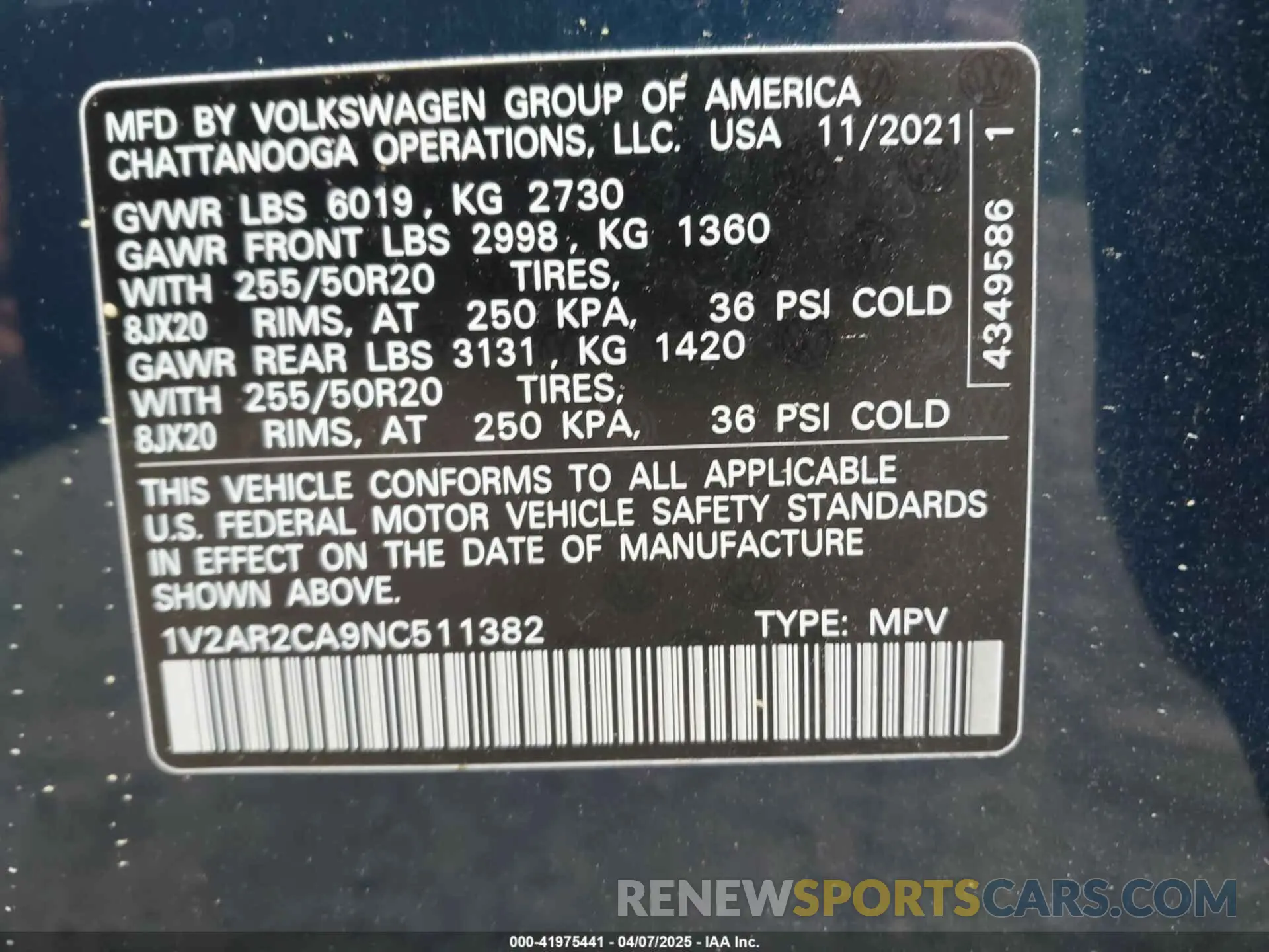 9 fotografías del automóvil dañado 1V2AR2CA9NC511382 VOLKSWAGEN ATLAS 2022