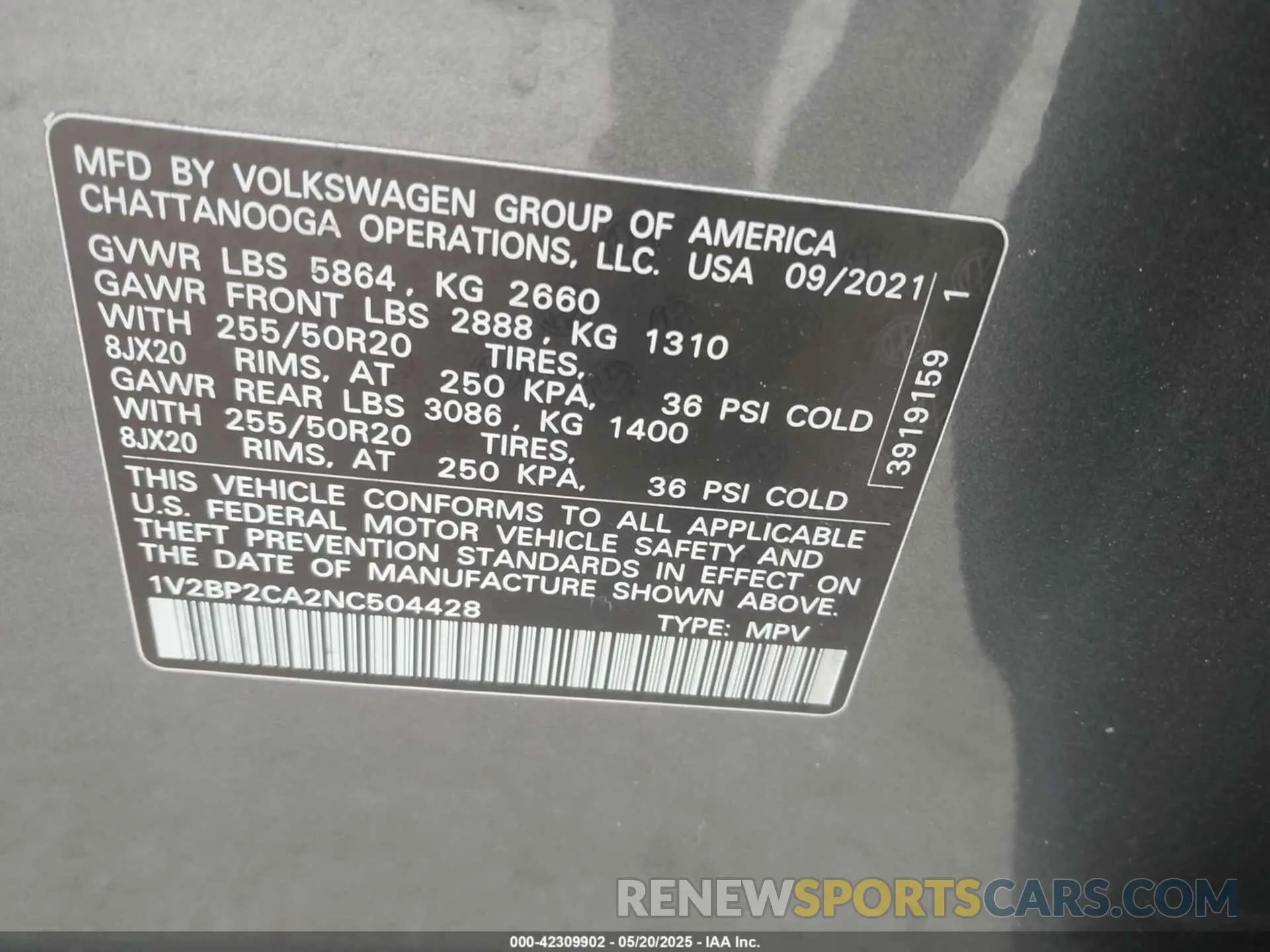 9 fotografías del automóvil dañado 1V2BP2CA2NC504428 VOLKSWAGEN ATLAS 2022