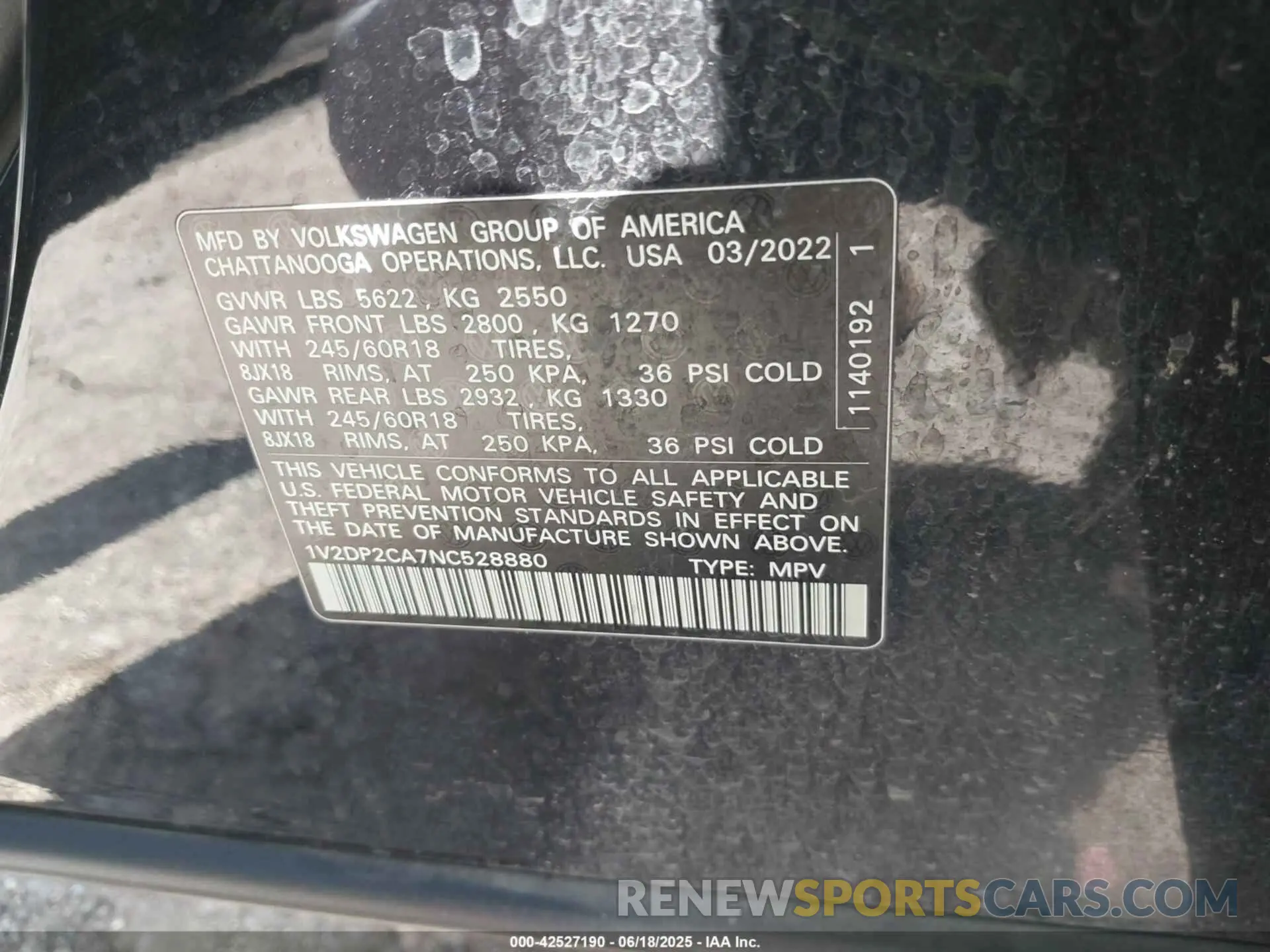 9 fotografías del automóvil dañado 1V2DP2CA7NC528880 VOLKSWAGEN ATLAS 2022
