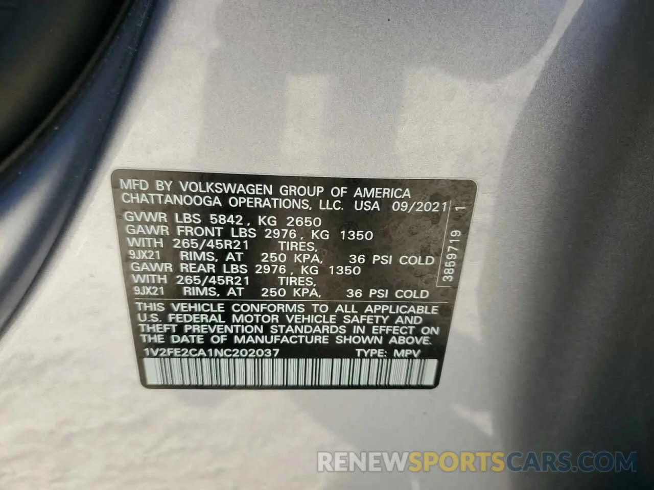 13 fotografías del automóvil dañado 1V2FE2CA1NC202037 VOLKSWAGEN ATLAS 2022