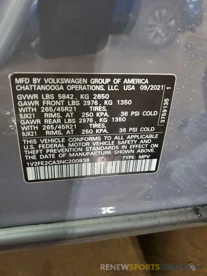 13 fotografías del automóvil dañado 1V2FE2CA3NC200838 VOLKSWAGEN ATLAS 2022