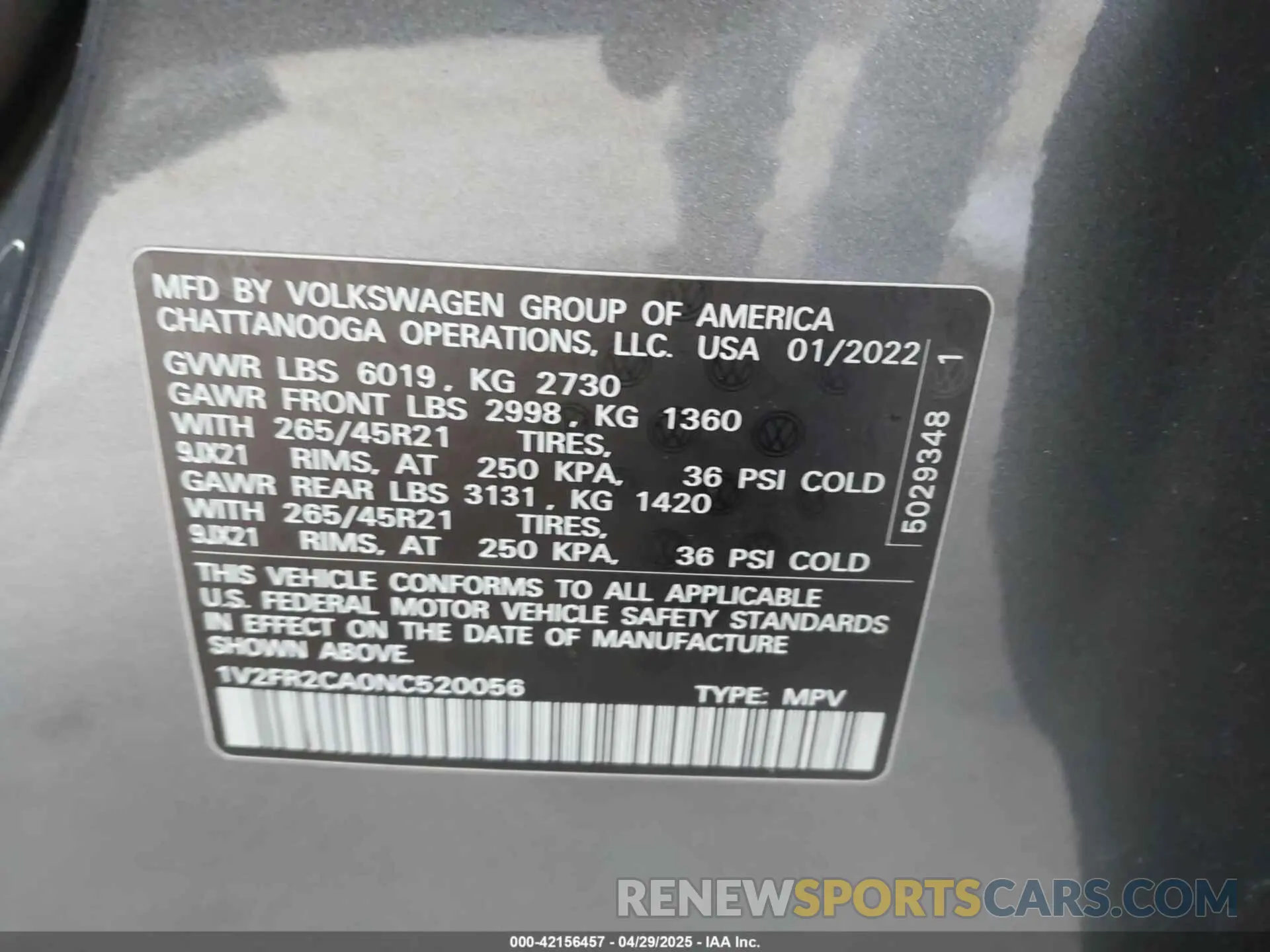 9 fotografías del automóvil dañado 1V2FR2CA0NC520056 VOLKSWAGEN ATLAS 2022