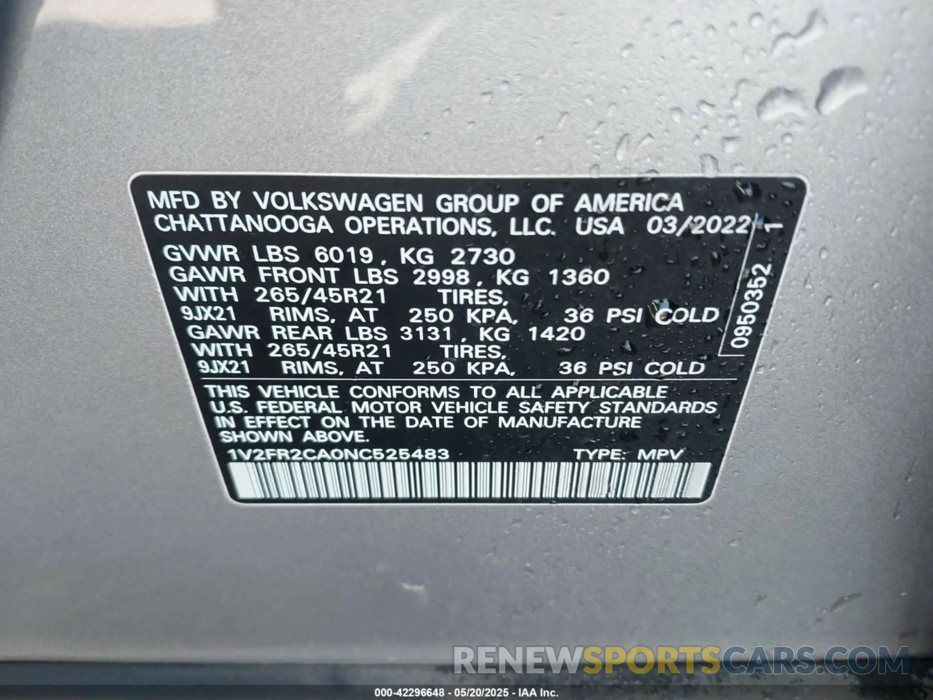 9 fotografías del automóvil dañado 1V2FR2CA0NC525483 VOLKSWAGEN ATLAS 2022