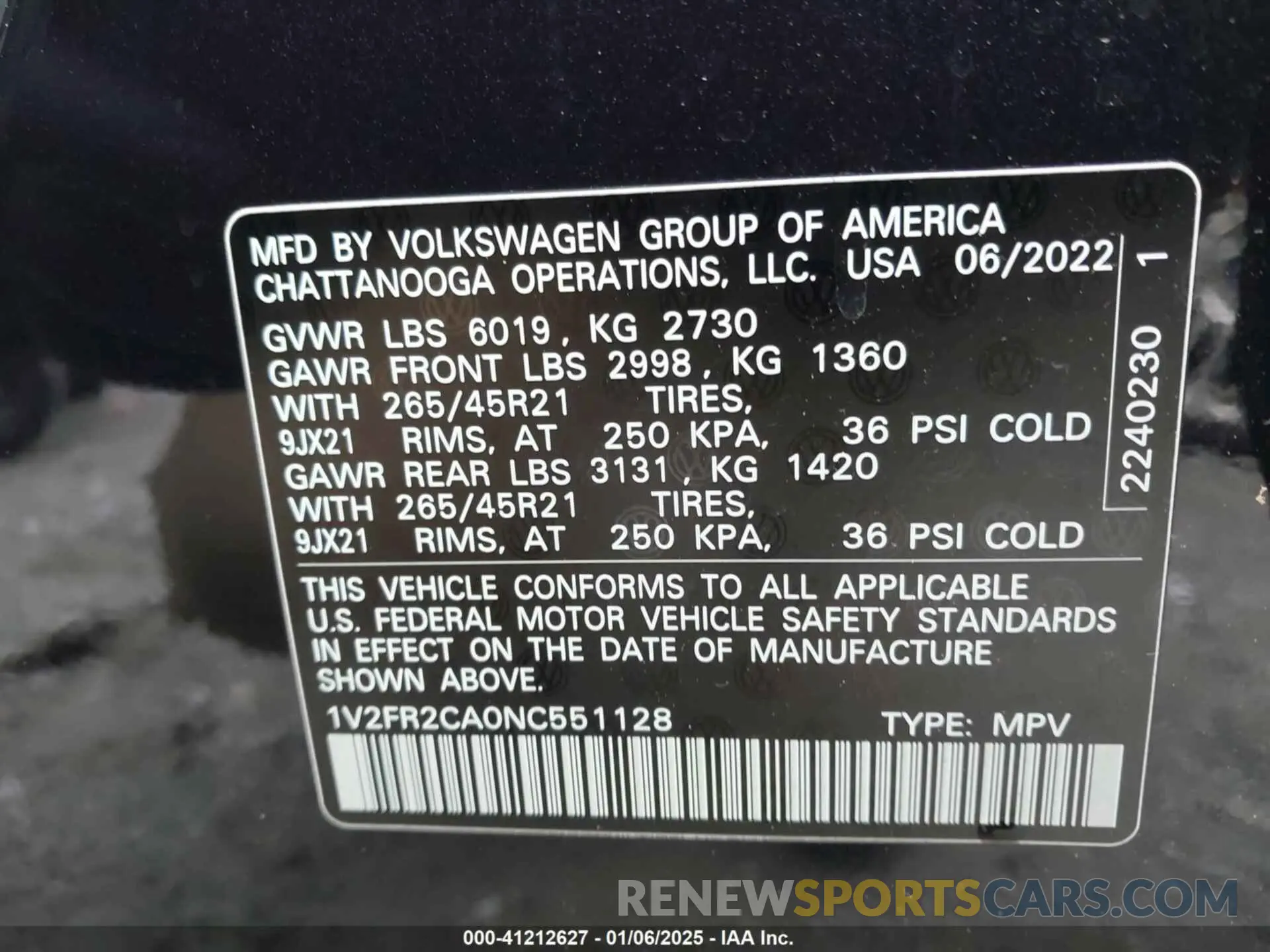 9 fotografías del automóvil dañado 1V2FR2CA0NC551128 VOLKSWAGEN ATLAS 2022