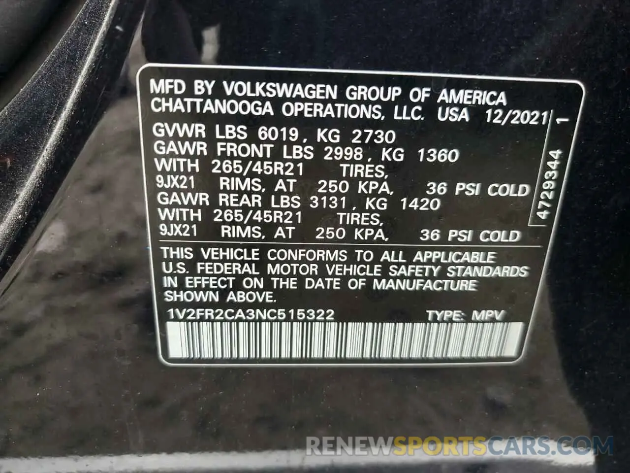 12 fotografías del automóvil dañado 1V2FR2CA3NC515322 VOLKSWAGEN ATLAS 2022