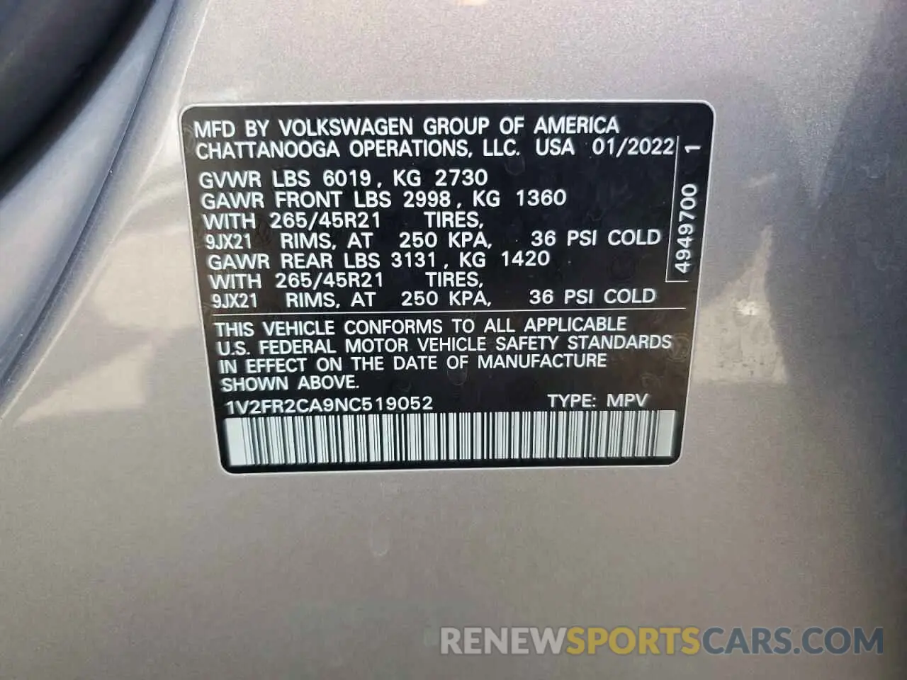 12 fotografías del automóvil dañado 1V2FR2CA9NC519052 VOLKSWAGEN ATLAS 2022