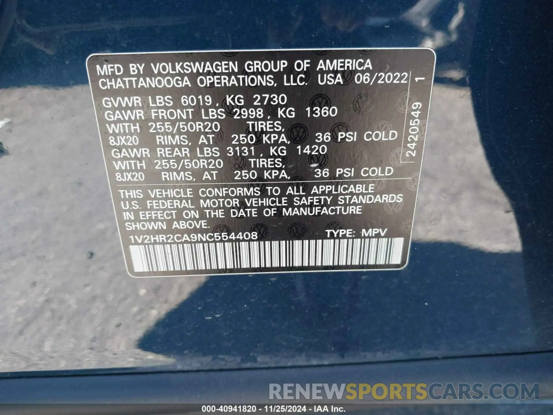 9 fotografías del automóvil dañado 1V2HR2CA9NC554408 VOLKSWAGEN ATLAS 2022