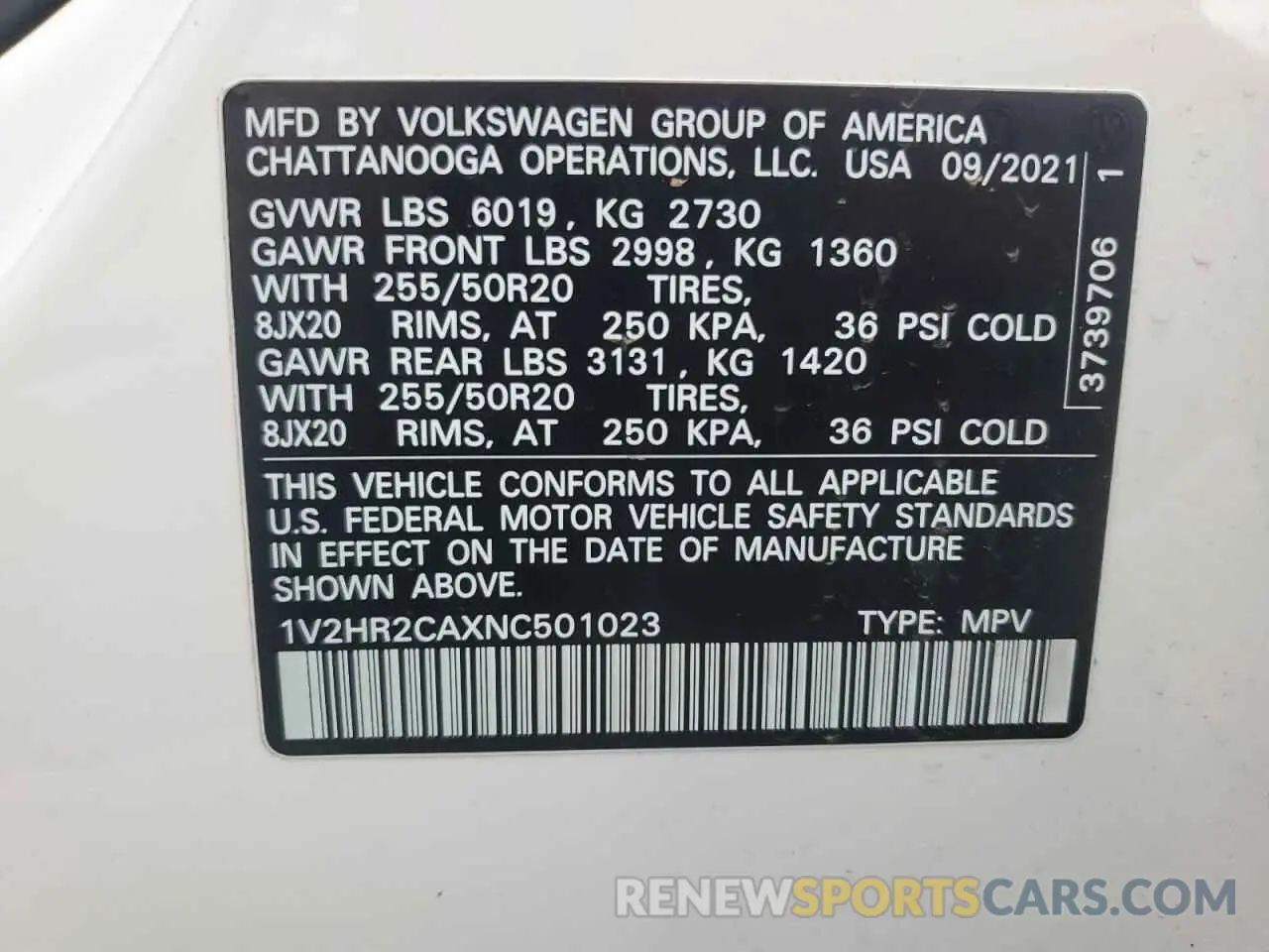 13 fotografías del automóvil dañado 1V2HR2CAXNC501023 VOLKSWAGEN ATLAS 2022