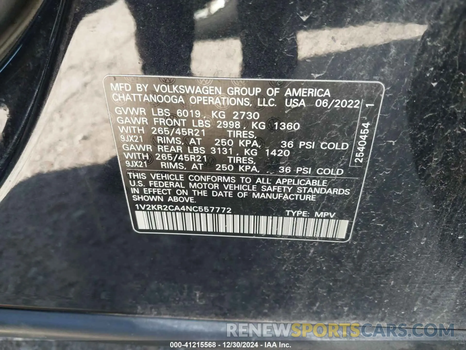 9 fotografías del automóvil dañado 1V2KR2CA4NC557772 VOLKSWAGEN ATLAS 2022