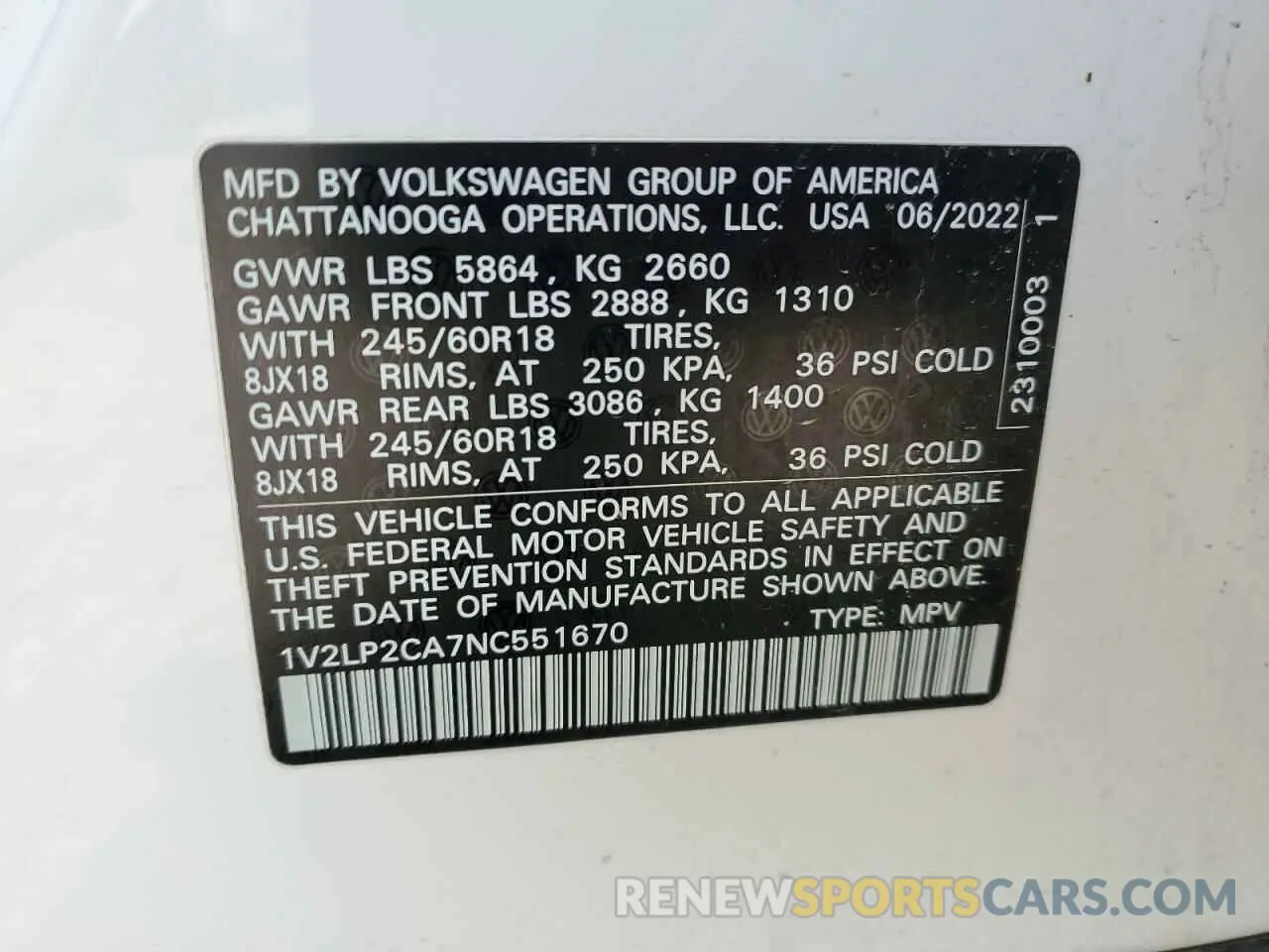 12 fotografías del automóvil dañado 1V2LP2CA7NC551670 VOLKSWAGEN ATLAS 2022