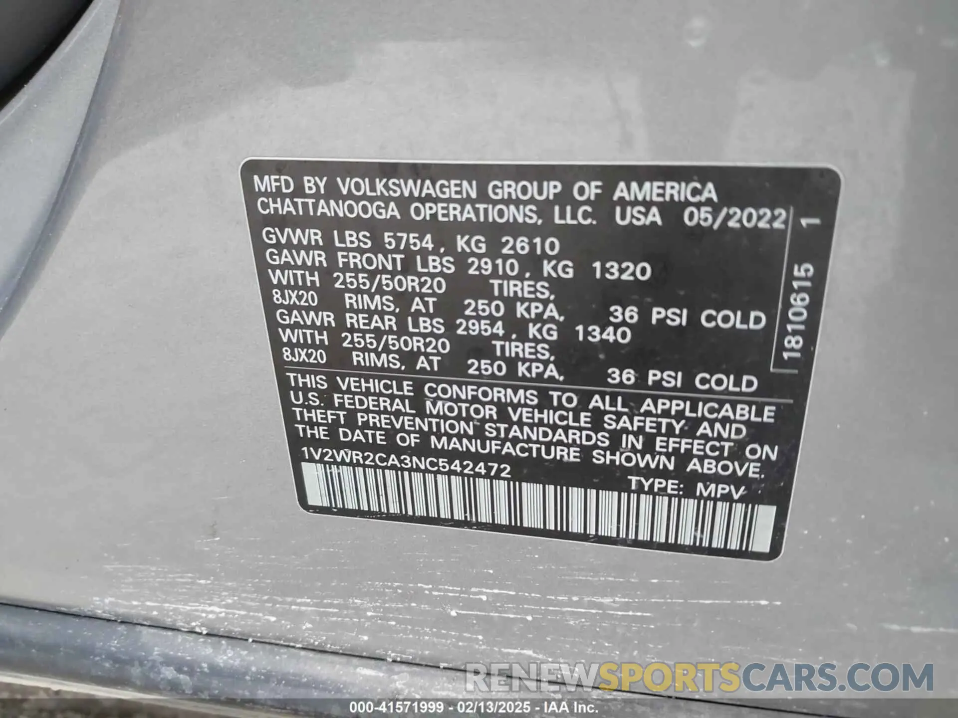 9 fotografías del automóvil dañado 1V2WR2CA3NC542472 VOLKSWAGEN ATLAS 2022