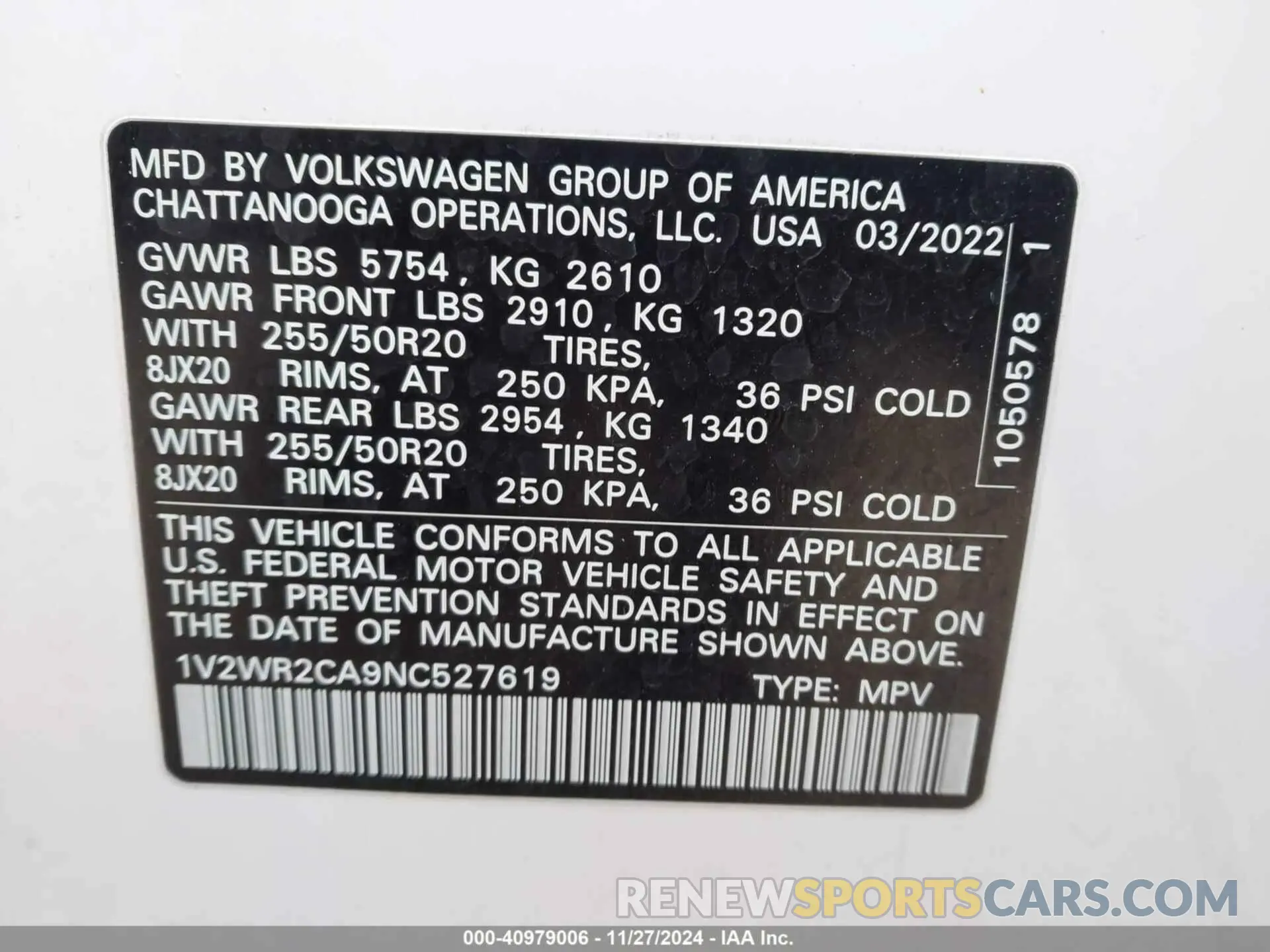 9 fotografías del automóvil dañado 1V2WR2CA9NC527619 VOLKSWAGEN ATLAS 2022