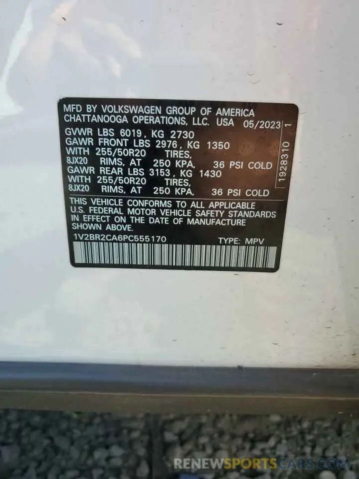 13 fotografías del automóvil dañado 1V2BR2CA6PC555170 VOLKSWAGEN ATLAS 2023
